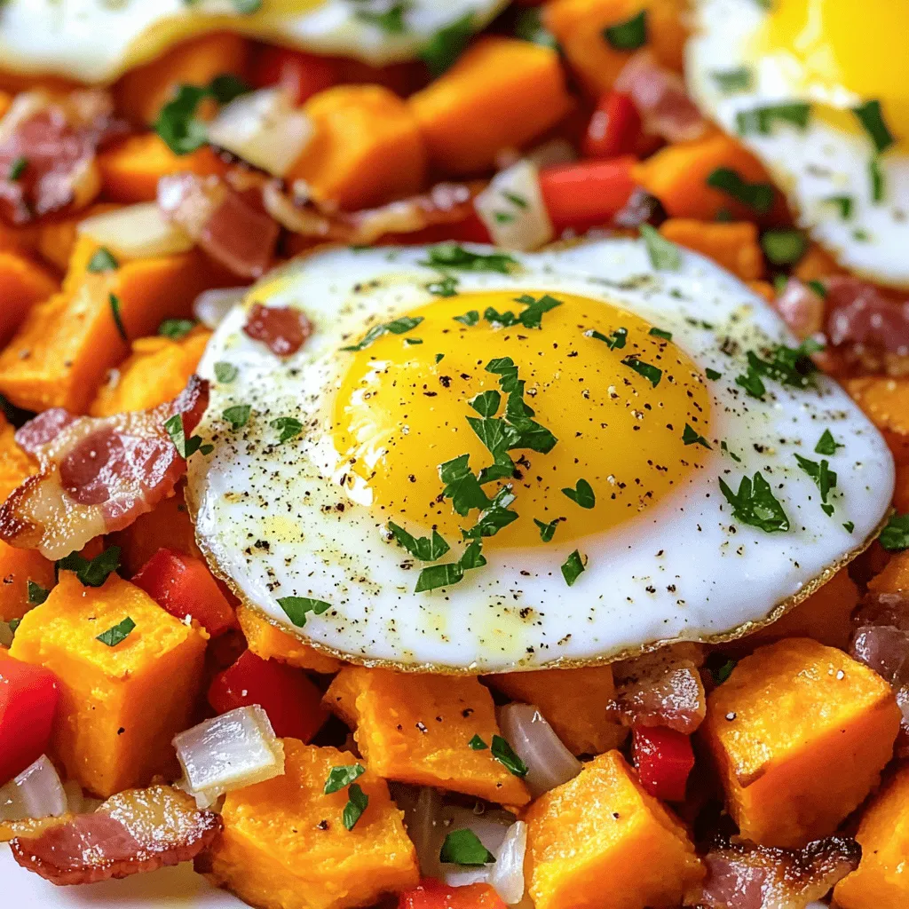 To make a great sweet potato hash, start with fresh sweet potatoes. I prefer medium-sized ones. They are sweet and creamy. Next, add some flavorful proteins. Bacon works well, but you can use sausage or tofu. These proteins add a savory touch that pairs beautifully with sweet potatoes.