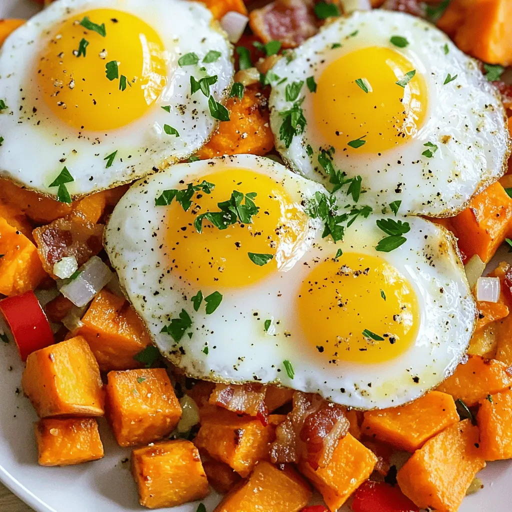 To make a great sweet potato hash, start with fresh sweet potatoes. I prefer medium-sized ones. They are sweet and creamy. Next, add some flavorful proteins. Bacon works well, but you can use sausage or tofu. These proteins add a savory touch that pairs beautifully with sweet potatoes.