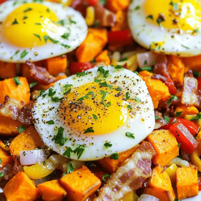 To make a great sweet potato hash, start with fresh sweet potatoes. I prefer medium-sized ones. They are sweet and creamy. Next, add some flavorful proteins. Bacon works well, but you can use sausage or tofu. These proteins add a savory touch that pairs beautifully with sweet potatoes.