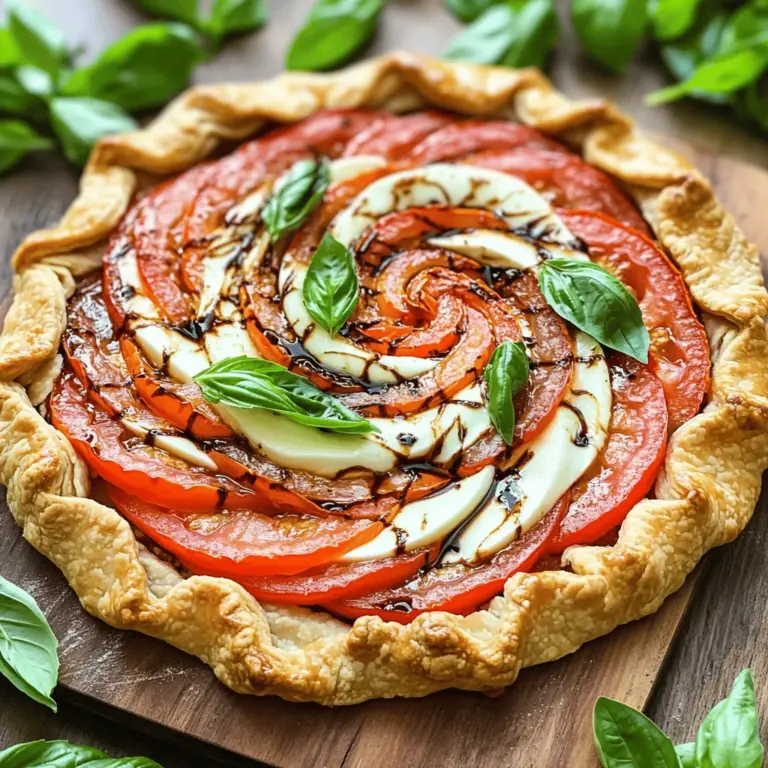 The Caprese Galette presents a delightful twist on the traditional Caprese salad, infusing the classic Italian flavors into a rustic pastry format. This delightful dish harmoniously combines the freshness of ripe tomatoes, creamy mozzarella, and fragrant basil, all enveloped in a flaky, buttery crust. While the Caprese salad is a summer staple, the galette transforms these beloved ingredients into a savory tart that can be enjoyed year-round, making it a versatile addition to any menu—whether it’s a casual family dinner, a summer picnic, or an elegant brunch gathering.