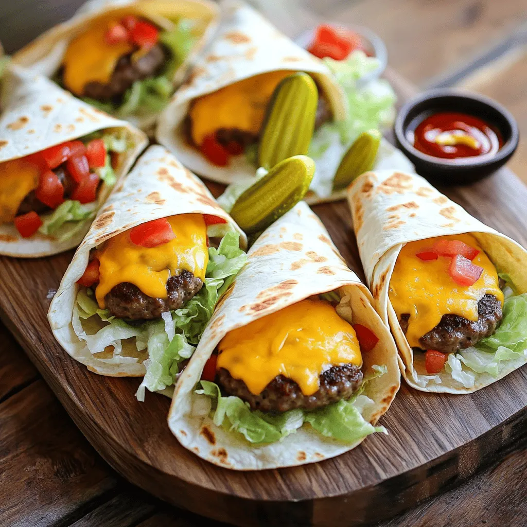 To make grilled cheeseburger wraps, you need simple yet tasty ingredients. Start with <strong>1 lb of ground beef</strong>. You want it to be fresh and flavorful. Add <strong>1 teaspoon of garlic powder</strong> and <strong>1 teaspoon of onion powder</strong>. These spices give great taste to the beef.” /></p>
</p>
<h2>What Are Some Creative Variations of Cheeseburger Wraps?</h2>
</p>
<p>You can have fun with gourmet cheeseburger wraps by changing the meats or fillings. Try using ground turkey, chicken, or even lamb. Each meat brings its own taste. For a twist, use a mix of meats. This adds depth to your wraps.</p>
</p>
<p>Bacon cheeseburger wraps are another tasty option. Just add crispy bacon strips to the mix. The smoky flavor pairs well with the cheese and beef. You can also add jalapeños for a spicy kick.</p>
</p>
<p>Unique cheeseburger wrap fillings can surprise your taste buds. Consider adding grilled onions, sautéed mushrooms, or even avocado. Each ingredient enhances the overall flavor. You can also experiment with different cheeses. Swiss, pepper jack, or blue cheese can change the game.</p>
</p>
<p>You can create vegetarian or low-carb versions too. For a vegetarian wrap, use black beans or lentils. They provide protein and fiber. You can also make a cauliflower rice filling for a low-carb option.</p>
</p>
<p>With these ideas, you can enjoy grilled cheeseburger wraps in many ways. Mix and match to find your favorite flavors.</p>
</p>
<h2>What are the Best Side Dishes to Serve with Cheeseburger Wraps?</h2>
</p>
<p>Great side dishes can make your meal shine. For grilled cheeseburger wraps, I love serving fresh salads. A simple garden salad with lettuce, cucumber, and tomatoes adds crunch. You can also try a coleslaw for a sweet and tangy touch. Add a creamy dressing for extra flavor.</p>
</p>
<p>For a fun twist, make sweet potato fries. They are crispy and sweet. You can bake or fry them for a tasty side. They pair well with the savory flavor of the wraps. Regular fries work too. You can have them with ketchup or your favorite dip.</p>
</p>
<p>Another great option is corn on the cob. Grilled corn adds a smoky flavor. Just brush it with butter and sprinkle some salt. It’s easy to prepare and looks great on the plate.</p>
</p>
<p>If you want something lighter, serve fresh fruit. A fruit salad with berries, melon, and grapes is refreshing. It balances out the richness of the wraps.</p>
</p>
<p>For snacks, consider nachos. They are easy to share. Top them with cheese, jalapeños, and salsa for a fun bite. Chips and dip work well too. You can use guacamole or salsa for a zesty kick.</p>
</p>
<p>To create a balanced meal, combine protein, carbs, and veggies. The grilled cheeseburger wraps provide protein. Pair them with a salad and a starch like fries or corn. This balance keeps everyone happy and full.</p>
</p>
<p>Try these ideas for the best side dishes for cheeseburger wraps. They make your meal fun, colorful, and delicious.</p>
</p>
<p><img decoding=