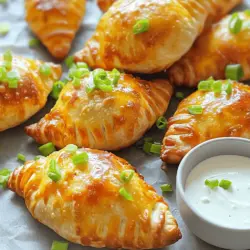 To make mini football calzones, gather these ingredients: - 2 cups shredded cooked chicken - 1/2 cup buffalo sauce - 1 cup shredded mozzarella cheese - 1/2 cup softened cream cheese - 1 teaspoon garlic powder - 1 teaspoon onion powder - 1/2 teaspoon black pepper - 1 package refrigerated pizza dough - 1 egg, beaten (for egg wash) - Chopped green onions (for garnish) - Ranch or blue cheese dressing (for dipping)