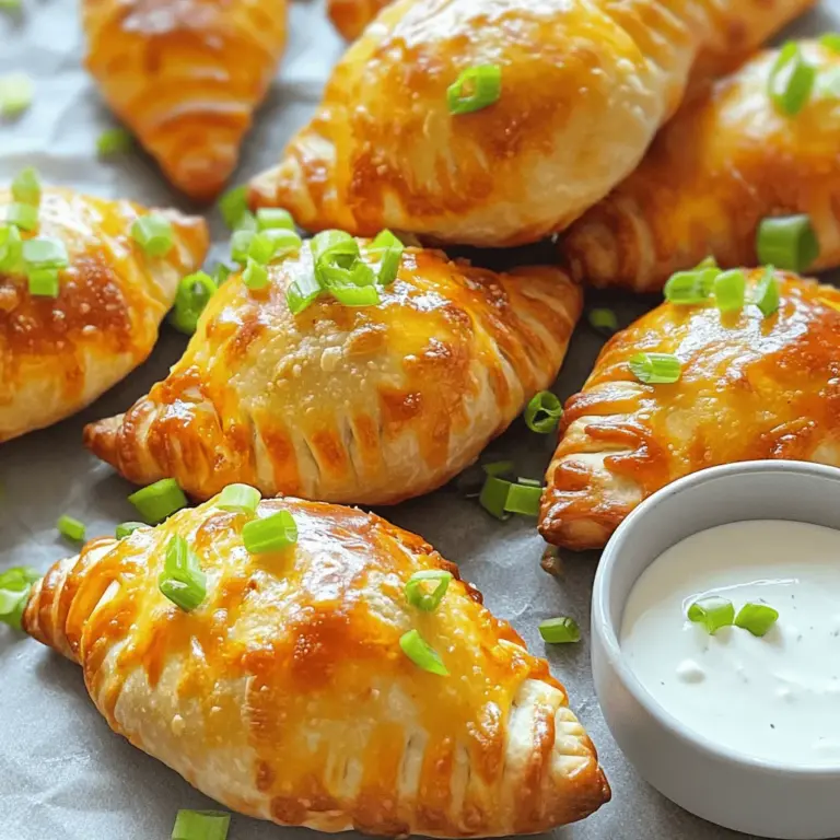 To make mini football calzones, gather these ingredients: - 2 cups shredded cooked chicken - 1/2 cup buffalo sauce - 1 cup shredded mozzarella cheese - 1/2 cup softened cream cheese - 1 teaspoon garlic powder - 1 teaspoon onion powder - 1/2 teaspoon black pepper - 1 package refrigerated pizza dough - 1 egg, beaten (for egg wash) - Chopped green onions (for garnish) - Ranch or blue cheese dressing (for dipping)