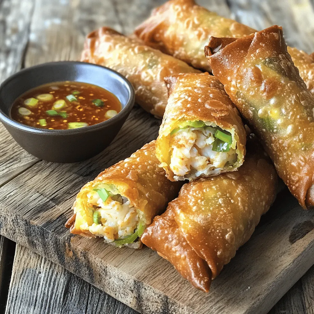 Crab cake egg rolls blend the classic taste of crab cakes with Asian flavors. They are a fun twist on both dishes. The crunchy egg roll wrapper holds a savory, crab-filled center. This mix of textures makes them a hit at any gathering.