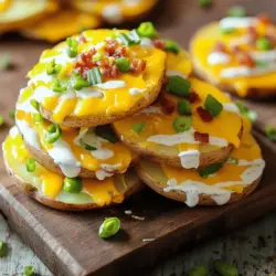 Loaded potato slices are simple yet delicious. You need some basic ingredients to get started. The main ingredient is russet potatoes. I recommend using four medium-sized ones. Slice them into 1/4 inch rounds for the best texture.