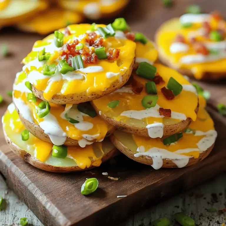Loaded potato slices are simple yet delicious. You need some basic ingredients to get started. The main ingredient is russet potatoes. I recommend using four medium-sized ones. Slice them into 1/4 inch rounds for the best texture.