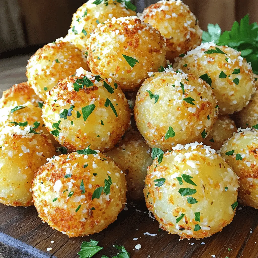To make crispy potato balls, you need simple, tasty ingredients. First, gather <strong>2 cups of mashed potatoes</strong>. Using leftovers makes this recipe easy. Next, grab <strong>1 cup of grated Parmesan cheese</strong>. This cheese adds a rich flavor. You will also need <strong>1/2 cup of all-purpose flour</strong>. It helps to bind the balls together.” /></p>
</p>
<h2>What Cooking Techniques Ensure Crispiness in the Potato Balls?</h2>
</p>
<p>To get crispy potato balls, you need to use the right cooking tips. First, I always choose to fry my potato balls. Frying gives them a golden color and a nice crunch. Baking is another option, but it does not reach the same crispiness. For baked potato balls, use a hot oven and a light spray of oil.</p>
</p>
<h3>Should I fry or bake the potato balls for maximum crispiness?</h3>
</p>
<p>Frying is the best way to achieve maximum crispiness. When you fry, the heat surrounds the balls evenly. The oil cooks the outside fast, sealing in the moisture. This keeps the inside soft while the outside becomes crispy. If you prefer a healthier option, bake them at a high temperature. Just remember, baked potato balls will not be as crispy.</p>
</p>
<h3>How do I create a breading station?</h3>
</p>
<p>Creating a breading station is simple. Set up three shallow bowls. In the first bowl, place all-purpose flour. In the second bowl, add beaten eggs. In the third bowl, add breadcrumbs, preferably panko. Start by rolling each potato ball in flour. Shake off the extra flour. Then dip it into the egg mixture. Finally, roll it in the breadcrumbs. This process helps form a crispy shell.</p>
</p>
<h3>What is the ideal frying temperature and time?</h3>
</p>
<p>The ideal frying temperature is 350°F (175°C). Use a thermometer to check the oil temperature. If the oil is too hot, the outside will burn before the inside cooks. If it is too cold, the potato balls will absorb too much oil, making them greasy. Fry the potato balls for about 4-5 minutes. They should look golden brown and crispy when ready.</p>
</p>
<p>For the full recipe, you can refer to the Crispy Parmesan Garlic Potato Balls recipe.</p>
</p>
<h2>What are Delicious Serving Suggestions for Potato Balls?</h2>
</p>
<p>Crispy Parmesan Garlic Potato Balls are a hit at any gathering. These tasty bites work great as party food. You can serve them with a variety of sauces.</p>
</p>
<h3>What sauces pair well with Crispy Parmesan Garlic Potato Balls?</h3>
</p>
<p>A good sauce makes everything better. For these potato balls, try ranch dressing or marinara sauce. Both add a nice flavor kick. You can also use garlic aioli for creamy goodness. Honey mustard is another fun choice that adds sweetness.</p>
</p>
<h3>How can I present potato balls for a gathering?</h3>
</p>
<p>Presentation matters when serving food. Arrange the potato balls on a large platter. Add fresh parsley around the balls for color. You can also use small cups of sauce for dipping. This makes it easy for guests to grab and go.</p>
</p>
<h3>What are some creative serving ideas for parties?</h3>
</p>
<p>Get creative with your serving ideas. Try serving the potato balls in mini cups or on skewers. This fun twist makes them easy to eat. You can even serve them with a variety of sauces in a tasting flight. Your guests will love trying different flavors.</p>
</p>
<p><img decoding=