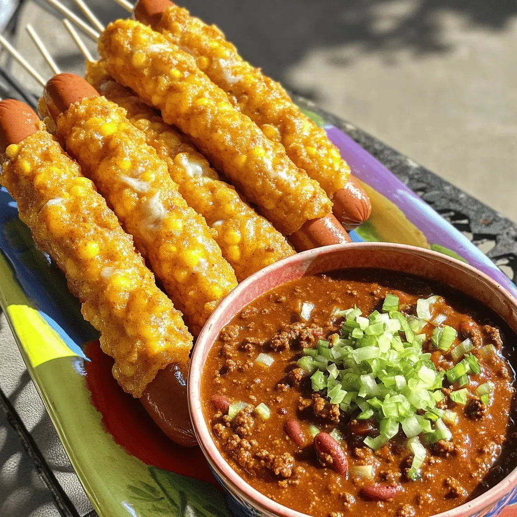 Chili cheese corn dogs blend two classic American snacks into one tasty treat. You have a hot dog, coated in thick cornmeal batter, and fried until golden. Then, you dip it in warm chili and top it with gooey cheese. This fun twist makes them a hit at fairs, cookouts, and family gatherings.