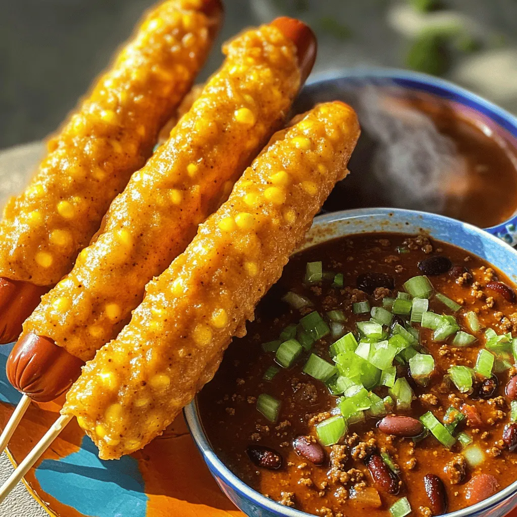 Chili cheese corn dogs blend two classic American snacks into one tasty treat. You have a hot dog, coated in thick cornmeal batter, and fried until golden. Then, you dip it in warm chili and top it with gooey cheese. This fun twist makes them a hit at fairs, cookouts, and family gatherings.