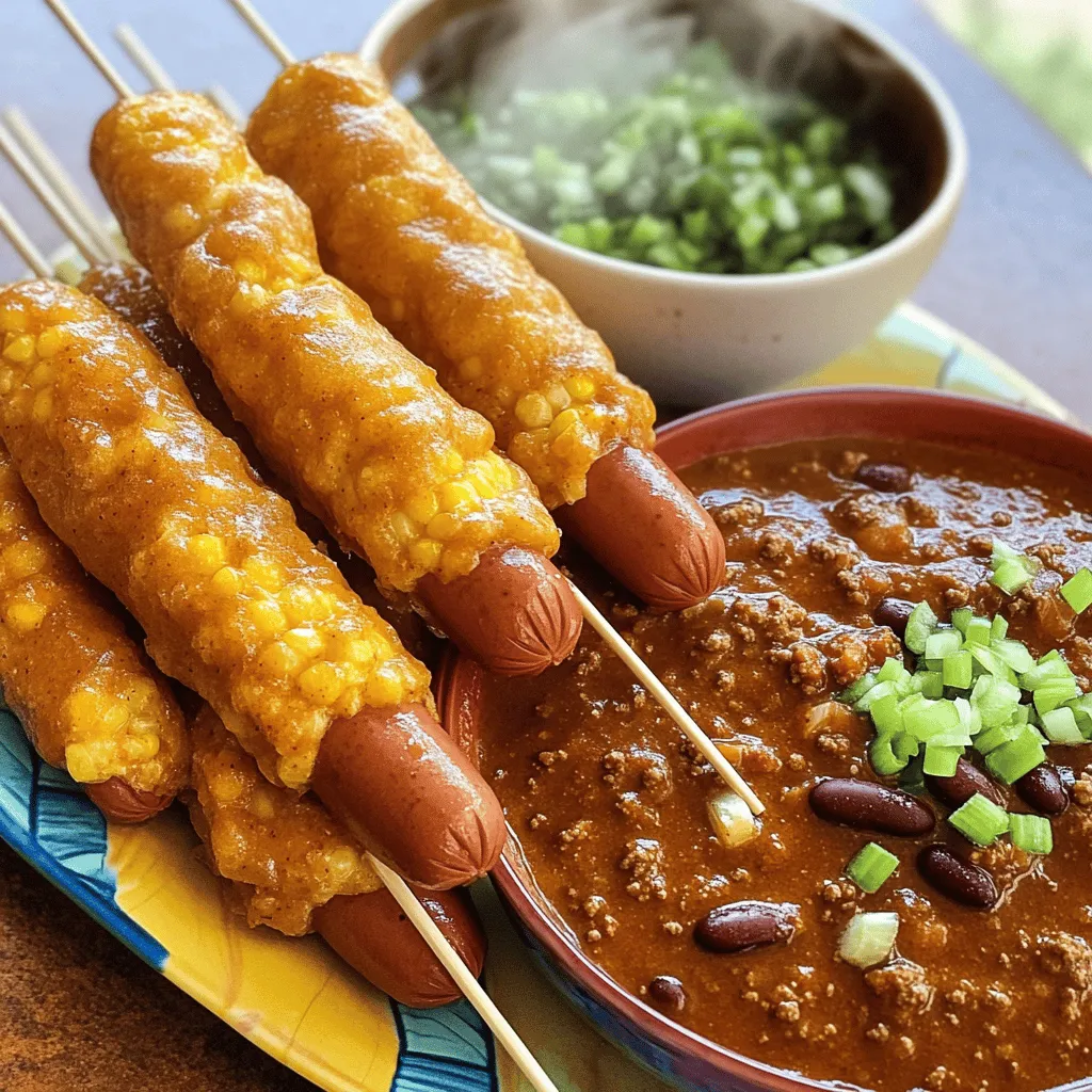 Chili cheese corn dogs blend two classic American snacks into one tasty treat. You have a hot dog, coated in thick cornmeal batter, and fried until golden. Then, you dip it in warm chili and top it with gooey cheese. This fun twist makes them a hit at fairs, cookouts, and family gatherings.
