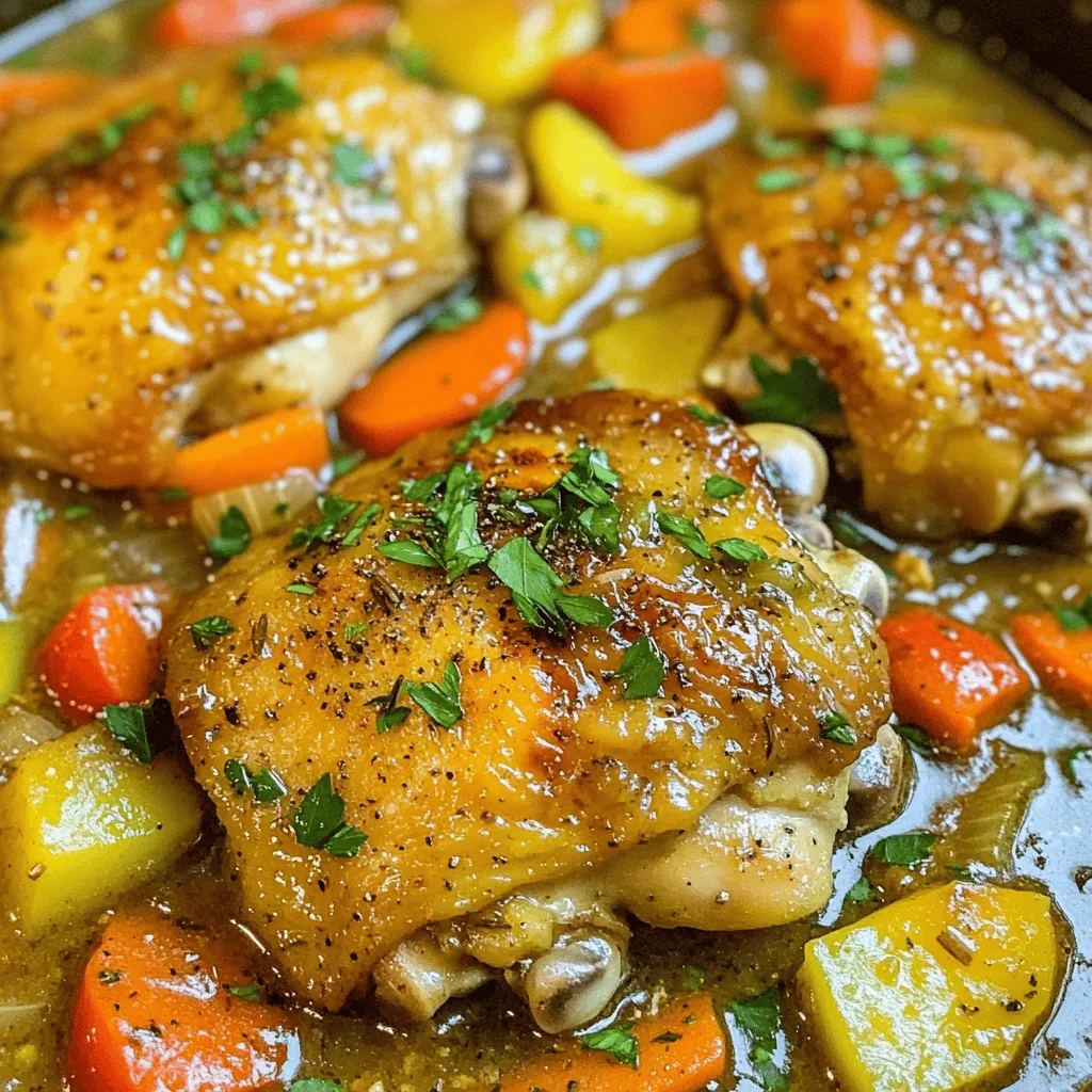 The country French skillet chicken recipe shines with simple yet vibrant ingredients. You start with four bone-in, skin-on chicken thighs. The skin gives great flavor and crispiness. Olive oil helps to sear the chicken and adds richness.