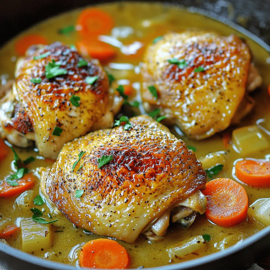 The country French skillet chicken recipe shines with simple yet vibrant ingredients. You start with four bone-in, skin-on chicken thighs. The skin gives great flavor and crispiness. Olive oil helps to sear the chicken and adds richness.