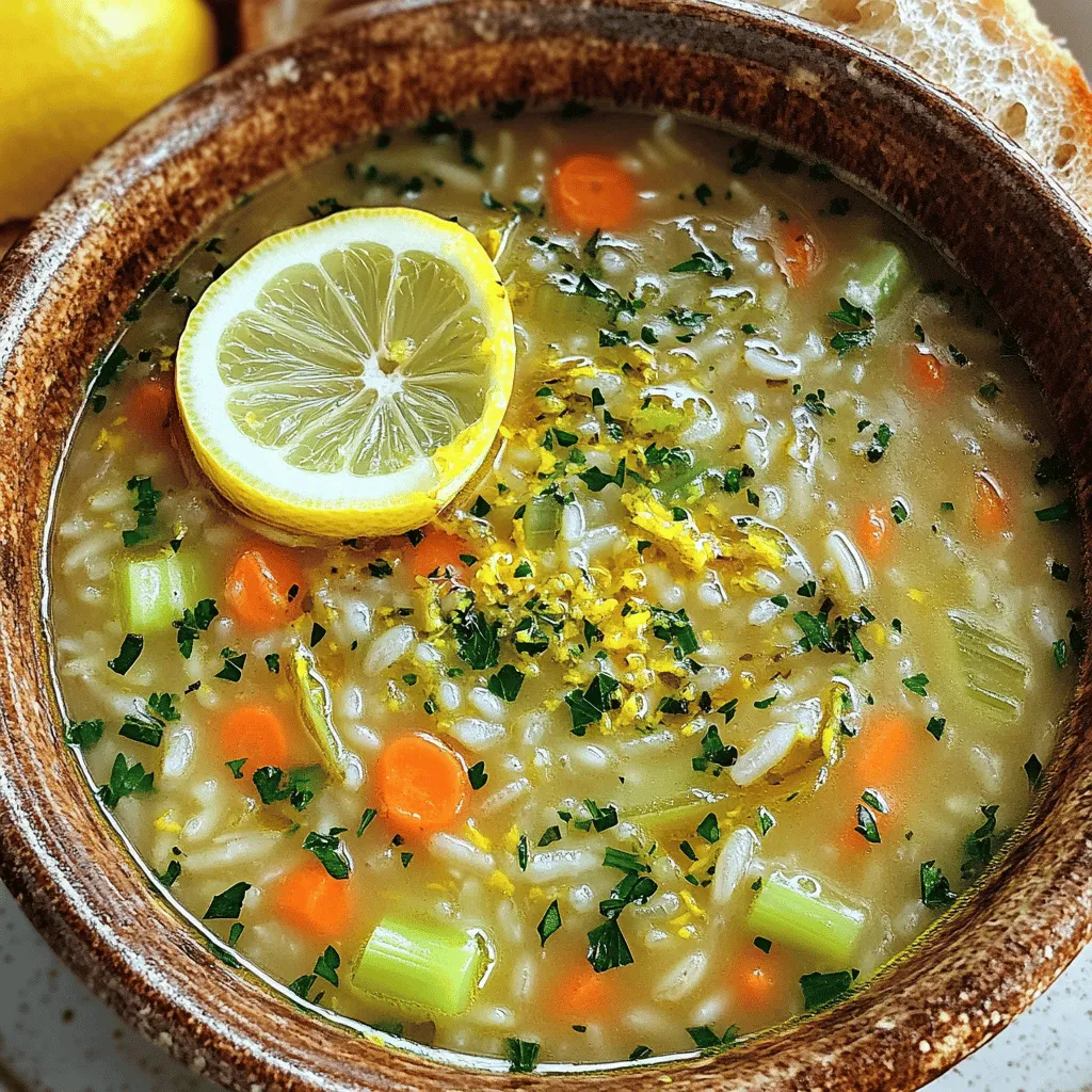 The lemon rice soup recipe shines with simple yet fresh ingredients. You need jasmine rice, vegetable broth, onion, garlic, carrot, and celery. Each ingredient adds a unique touch to the flavor.
