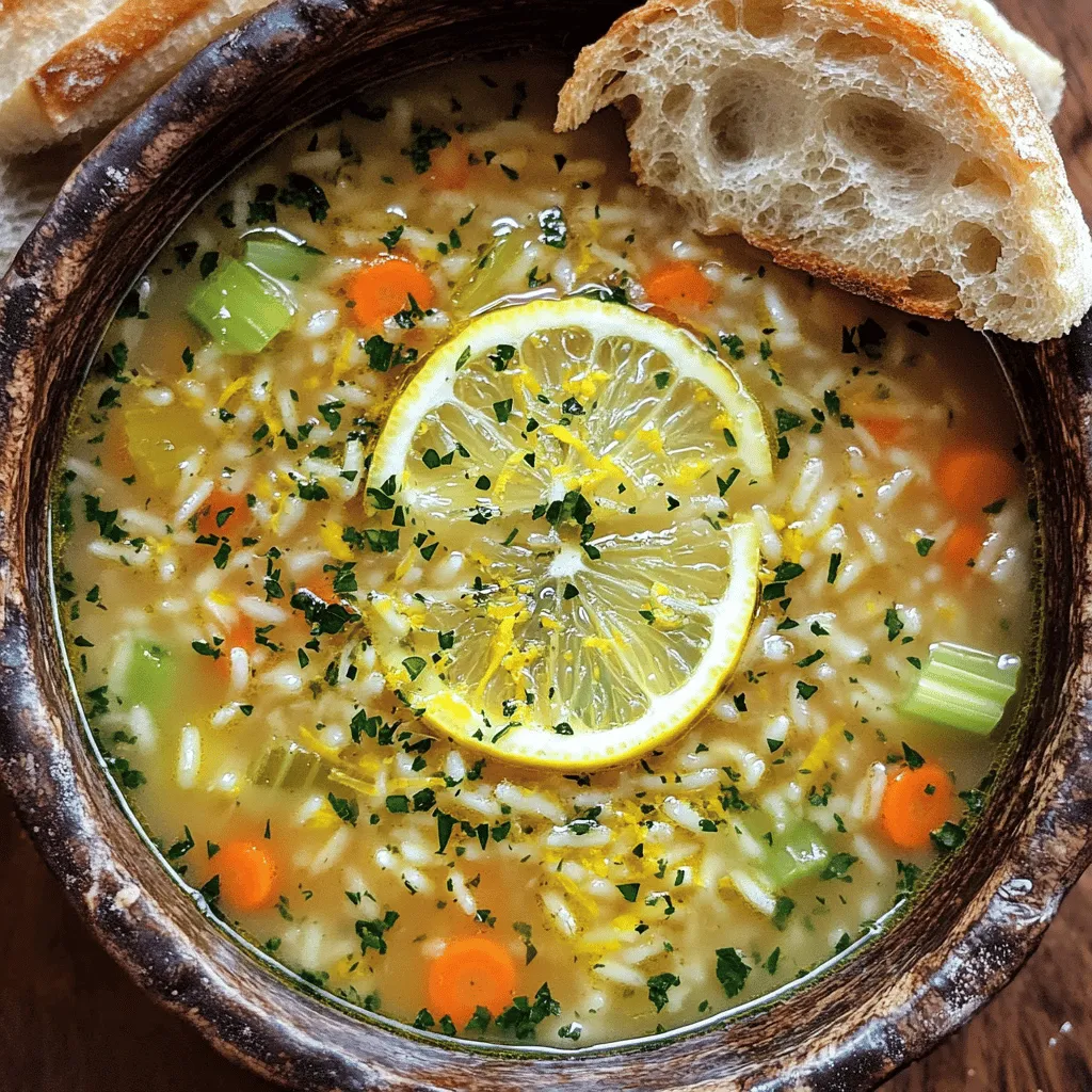 The lemon rice soup recipe shines with simple yet fresh ingredients. You need jasmine rice, vegetable broth, onion, garlic, carrot, and celery. Each ingredient adds a unique touch to the flavor.