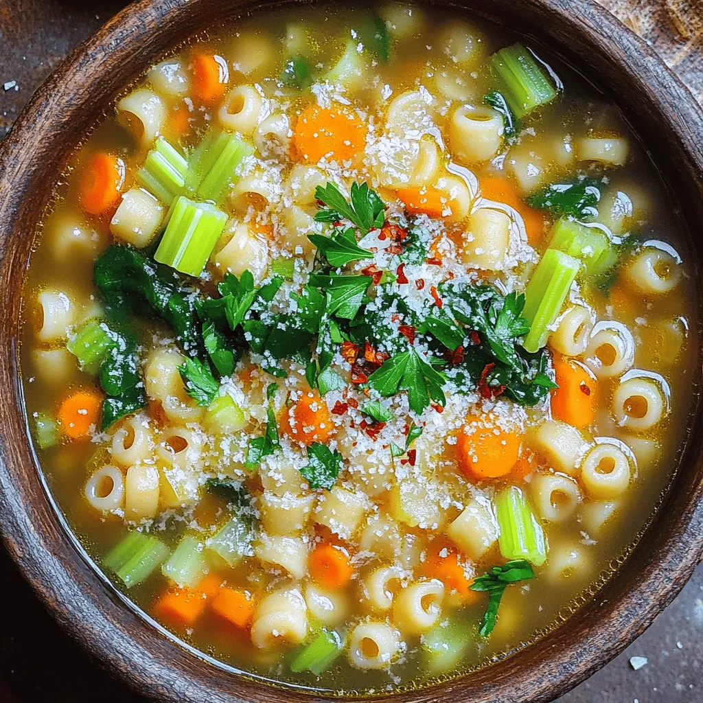 To make a great pastina soup, you need simple and fresh ingredients. Start with <strong>1 cup of pastina</strong>. This tiny pasta cooks quickly and adds a cozy feel. You will also need <strong>6 cups of vegetable broth</strong> for a rich base. <strong>One medium onion</strong>, diced, adds sweetness. <strong>Two cloves of garlic</strong>, minced, give it a nice kick. <strong>One medium carrot</strong> and <strong>one stalk of celery</strong>, both diced, bring color and taste. Don’t forget <strong>1 cup of baby spinach</strong> for nutrition. Use <strong>1 teaspoon of dried oregano</strong> for flavor and <strong>salt and pepper</strong> to taste. Finally, <strong>fresh parsley</strong> and <strong>grated Parmesan cheese</strong> can make your soup look and taste great.” /></p>
</p>
<h2>What Are Some Delicious Variations of Pastina Soup?</h2>
</p>
<p>You can customize pastina soup in many ways. One simple way is to add vegetables. You can use carrots, peas, or zucchini. These veggies add color and nutrition. Just chop them up and toss them in while the soup simmers. They will cook quickly and blend well with the pastina.</p>
</p>
<p>If you want to add protein, chicken is a great choice. You can use cooked chicken or add raw pieces. If you choose raw, add it early in the cooking process. This way, it cooks through and flavors the broth. You can also use beans for a vegetarian option. Chickpeas or white beans work well too. They add protein and fiber.</p>
</p>
<p>Kids love pastina soup, especially when it’s fun. You can make it more appealing by adding stars or animal-shaped pasta. You might also try adding cheese for a creamy touch. Grated Parmesan or mozzarella can make the soup extra tasty. Another idea is to serve it with small breadsticks for dipping. These changes can make the soup a hit with kids.</p>
</p>
<p>For a full recipe, check out the Cozy Pastina Soup with a Twist. It offers a great base to explore these variations.</p>
</p>
<h2>How Can You Serve and Garnish Your Pastina Soup?</h2>
</p>
<p>Presenting Pastina Soup well can make it even more inviting. You can add garnishes that not only look nice but also boost flavor.</p>
</p>
<h3>What are some creative garnishes to elevate your soup?</h3>
</p>
<p>Fresh parsley is a classic choice. It adds a pop of green and a fresh taste. Grated Parmesan cheese is another great option. It melts slightly, giving a rich flavor. You can also use a drizzle of olive oil. This adds shine and a hint of fruitiness. For a spicy kick, sprinkle some red pepper flakes on top. These simple touches can make your soup feel special.</p>
</p>
<h3>How should the soup be presented for a family meal?</h3>
</p>
<p>For a family meal, use deep bowls for your Pastina Soup. This keeps the soup warm and easy to eat. You can set the table with colorful napkins and plates. A small basket of crusty bread adds a nice touch. Place it in the center for everyone to share. This setup makes the meal feel cozy and inviting.</p>
</p>
<h3>What side dishes complement Pastina Soup perfectly?</h3>
</p>
<p>Pastina Soup pairs well with many side dishes. A simple green salad brings freshness. You can add a light vinaigrette for more flavor. Garlic bread is another favorite. Its crispy texture contrasts nicely with the soup. If you want something heartier, serve it with a grilled cheese sandwich. This combination is kid-approved and makes for a fun meal.</p>
</p>
<p>This recipe is easy to follow and perfect for a comforting family dinner. For detailed steps, check out the Full Recipe.</p>
</p>
<p><img decoding=