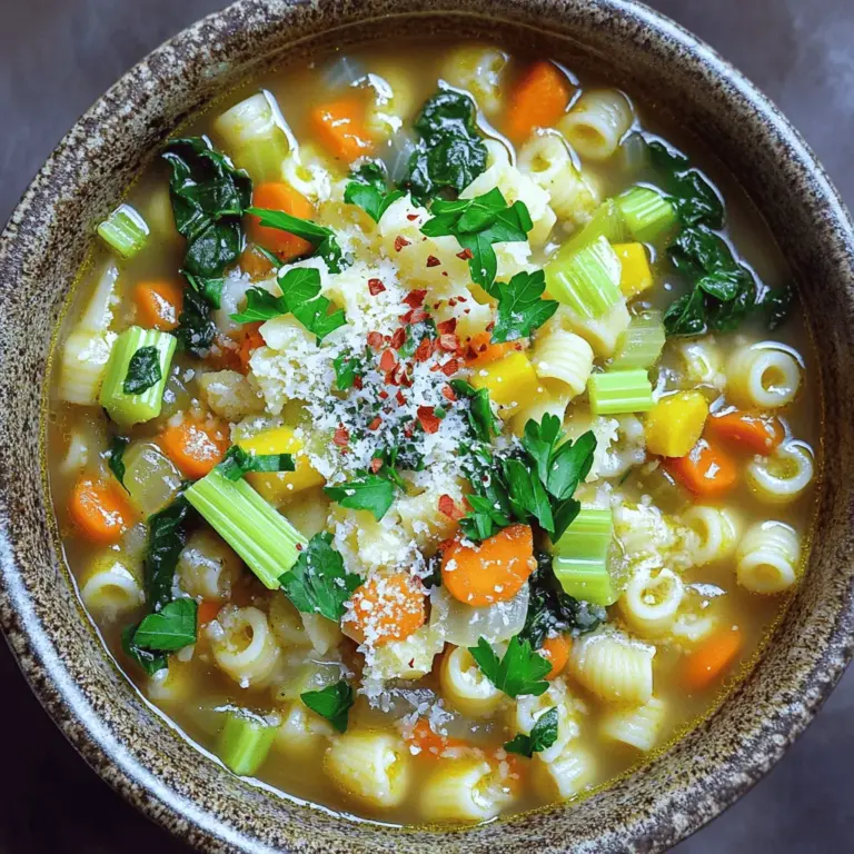 To make a great pastina soup, you need simple and fresh ingredients. Start with 1 cup of pastina. This tiny pasta cooks quickly and adds a cozy feel. You will also need 6 cups of vegetable broth for a rich base. One medium onion, diced, adds sweetness. Two cloves of garlic, minced, give it a nice kick. One medium carrot and one stalk of celery, both diced, bring color and taste. Don't forget 1 cup of baby spinach for nutrition. Use 1 teaspoon of dried oregano for flavor and salt and pepper to taste. Finally, fresh parsley and grated Parmesan cheese can make your soup look and taste great.