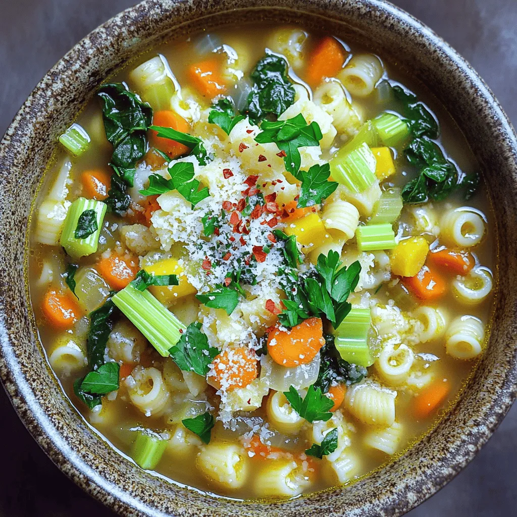 To make a great pastina soup, you need simple and fresh ingredients. Start with 1 cup of pastina. This tiny pasta cooks quickly and adds a cozy feel. You will also need 6 cups of vegetable broth for a rich base. One medium onion, diced, adds sweetness. Two cloves of garlic, minced, give it a nice kick. One medium carrot and one stalk of celery, both diced, bring color and taste. Don't forget 1 cup of baby spinach for nutrition. Use 1 teaspoon of dried oregano for flavor and salt and pepper to taste. Finally, fresh parsley and grated Parmesan cheese can make your soup look and taste great.