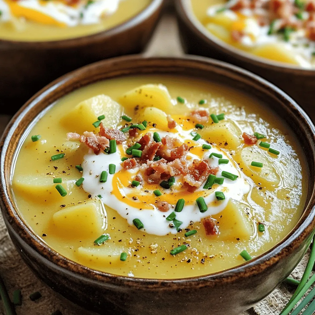 To make a great crockpot potato soup, you need simple, fresh ingredients. Start with <strong>6 medium russet potatoes</strong>. These potatoes are the best for soup because they become soft and creamy when cooked. Next, use <strong>1 large onion</strong> and <strong>3 cloves of garlic</strong> for rich flavor.” /></p>
</p>
<h2>How Can You Achieve the Perfect Creaminess in Potato Soup?</h2>
</p>
<p>To make potato soup creamy, start with the right ingredients. You want to use a mix of potatoes. Russet potatoes work best. They break down and create a smooth base. You can also add some Yukon Gold potatoes for a little flavor.</p>
</p>
<p>Next, dairy adds richness. Use milk or half-and-half in the recipe. These will give the soup that velvety touch. If you want to keep it lighter, you can use almond or oat milk. Both can work well, but they might not be as creamy.</p>
</p>
<p>For extra creaminess, add sour cream or Greek yogurt. These ingredients blend nicely into the soup. They help to thicken it and add a tangy flavor. You can mix them in just before serving.</p>
</p>
<p>Blending the soup creates a smooth texture. You can use a potato masher for a chunky feel. If you want it very smooth, an immersion blender works wonders. Blend until you reach your desired consistency. Do this after the potatoes are tender.</p>
</p>
<p>Make sure to stir in cheese at the end. Cheddar cheese melts well and adds a nice flavor. It gives that extra creamy touch that everyone loves. For a full recipe, check out the Creamy Dreamy Crockpot Potato Soup.</p>
</p>
<p>By focusing on these tips, your potato soup will be the perfect blend of creaminess and flavor.</p>
</p>
<h2>What Are Some Popular Topping Ideas for Potato Soup?</h2>
</p>
<p>Toppings can change your potato soup from good to great. Here are some ideas to enhance your dish.</p>
</p>
<h3>What Are Classic Toppings to Enhance Flavor?</h3>
<p>Classic toppings add taste and texture. You can use crumbled bacon for a salty crunch. A dollop of sour cream makes the soup creamy and rich. Fresh chives add a bright flavor. Shredded cheese, like cheddar, melts beautifully and adds depth. You can also try crispy onions for a fun twist.</p>
</p>
<h3>How Can You Use Different Cheese Varieties as Toppings?</h3>
<p>Cheese can elevate your soup. Cheddar is a favorite, but Swiss or Gruyère works well too. For a sharp kick, try blue cheese. Crumbled feta adds a tangy twist. Mix and match cheeses for unique flavors. Just sprinkle your chosen cheese on top before serving. It will melt into the warm soup.</p>
</p>
<h3>Are There Vegetarian or Gluten-Free Options for Toppings?</h3>
<p>Yes, there are many options! For a vegetarian choice, top with diced avocado or roasted corn. Green onions also add a nice crunch. For gluten-free options, stick with meats like bacon or sausage, if desired. You can also use nuts for a crunchy texture. The key is to find what you like best. Don’t be afraid to experiment!</p>
</p>
<p><img decoding=