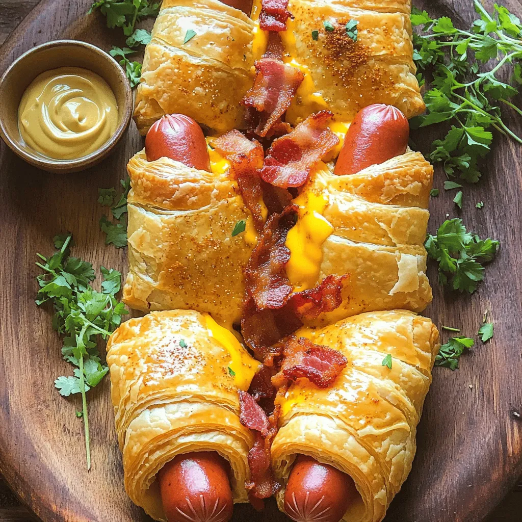 To make pigskin in a blanket, you need a few simple items. Start with 6 hot dogs and 6 slices of bacon. The bacon adds a nice crunch and flavor. You will also need one sheet of thawed puff pastry. This gives a great flaky texture. Next, grab 1 cup of shredded cheese. Cheddar works well, but feel free to use any cheese you like. You will also need 1 tablespoon of Dijon mustard and 1 tablespoon of honey for some sweetness. Finally, don’t forget 1 teaspoon of garlic powder, 1 egg for egg wash, and salt and pepper to taste.