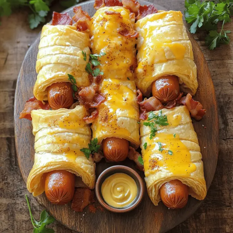 To make pigskin in a blanket, you need a few simple items. Start with 6 hot dogs and 6 slices of bacon. The bacon adds a nice crunch and flavor. You will also need one sheet of thawed puff pastry. This gives a great flaky texture. Next, grab 1 cup of shredded cheese. Cheddar works well, but feel free to use any cheese you like. You will also need 1 tablespoon of Dijon mustard and 1 tablespoon of honey for some sweetness. Finally, don’t forget 1 teaspoon of garlic powder, 1 egg for egg wash, and salt and pepper to taste.