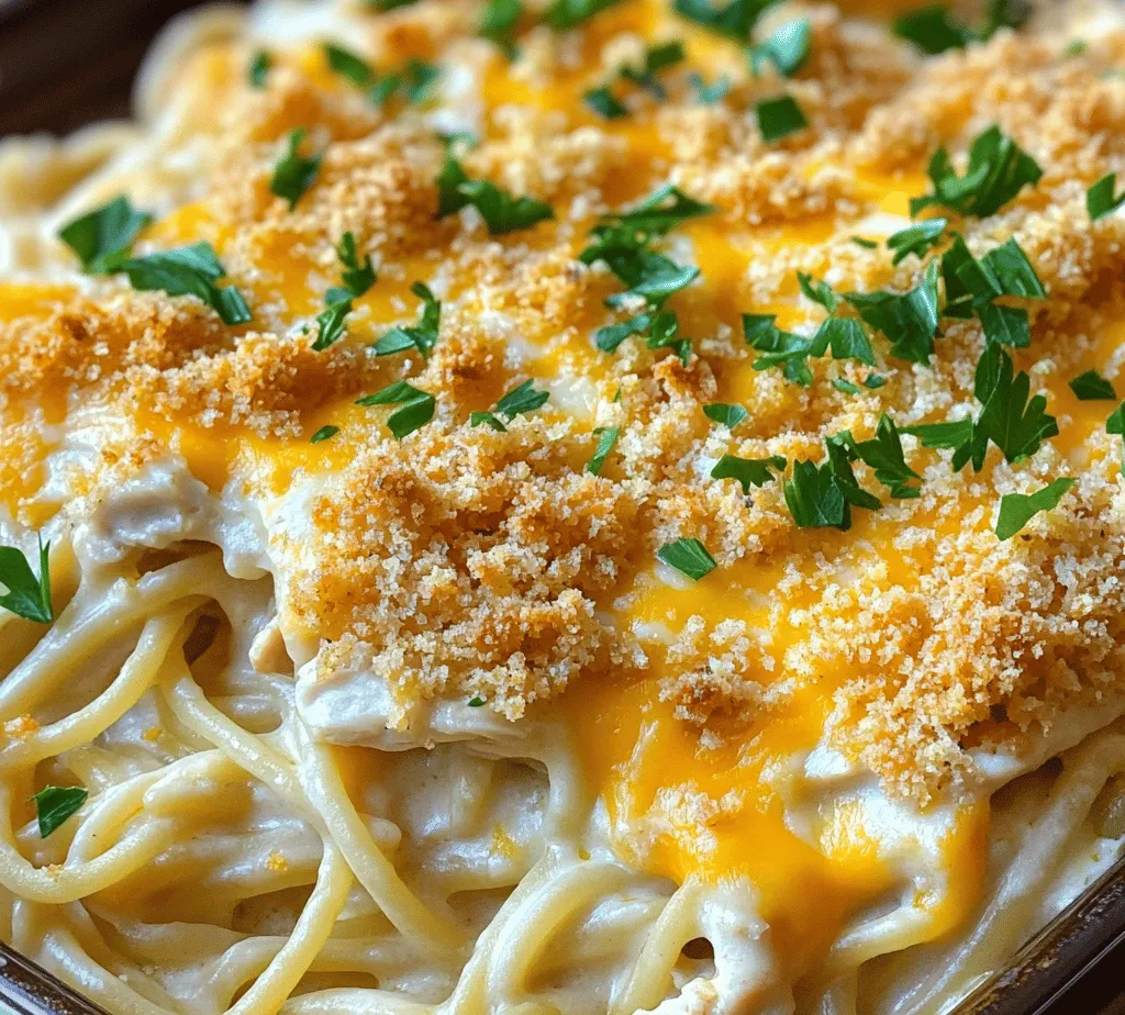 In the ever-evolving world of culinary creations, comfort food holds a special place in the hearts of many. It’s that warm hug on a plate, evoking memories of home-cooked meals shared around the family table. Among the myriad of comforting dishes, <strong>Cheesy Chicken Spaghetti Delight</strong> stands out as a delightful blend of flavors and textures that promises to please even the pickiest of eaters. This dish combines the familiar comfort of spaghetti with tender, shredded chicken, enveloped in a rich and creamy cheese sauce.” /></p>
</p>
<h3>Importance of Adding Cheese Gradually for Optimal Melting</h3>
</p>
<p>When it comes to creating the perfect Cheesy Chicken Spaghetti Delight, the way you incorporate cheese into the dish can make all the difference. Adding cheese gradually is essential for achieving that creamy texture and smooth melt that makes this dish so irresistible. By sprinkling cheese in layers throughout the cooking process, you allow it to melt evenly, ensuring that every bite is cheesy and flavorful. This technique not only enhances the overall taste but also contributes to a more appealing presentation with a beautifully gooey top layer.</p>
</p>
<h3>Baking the Cheesy Chicken Spaghetti Delight</h3>
</p>
<h4>Preparing for the Oven</h4>
</p>
<p>Before you dive into the actual baking process, it’s important to prepare your oven and baking dish properly. Preheat your oven to 350°F (175°C). This temperature is ideal for ensuring that the cheesy chicken spaghetti bakes evenly without drying out. While the oven is heating up, take a moment to prepare your baking dish.</p>
</p>
<h4>Steps to Preheat the Oven and Prepare the Baking Dish</h4>
</p>
<p>1. <strong>Preheat the Oven</strong>: Set your oven to 350°F (175°C) and allow it to fully heat while you prepare the dish.</p>
<p>2. <strong>Grease the Baking Dish</strong>: Use a generous amount of cooking spray or butter to grease a 9×13-inch baking dish. This step is crucial because it prevents the cheesy chicken spaghetti from sticking to the sides and bottom of the dish, making it easier to serve and clean up afterward.</p>
</p>
<h4>Topping the Dish</h4>
</p>
<p>The final touches on your dish can truly elevate its flavor and texture. One popular option is to top your Cheesy Chicken Spaghetti Delight with breadcrumbs. This addition creates a wonderful contrast to the creamy pasta and adds a delightful crunch to every bite.</p>
</p>
<p><strong>Discussion on Breadcrumb Topping and Optional Additional Cheese</strong></p>
</p>
<p>You can mix breadcrumbs with a bit of melted butter and sprinkle them generously over the dish. For an extra cheesy finish, consider adding an additional layer of cheese on top. This will create a beautiful golden crust as it bakes, enhancing both the flavor and visual appeal.</p>
</p>
<p><strong>How Toppings Enhance Texture and Flavor</strong></p>
</p>
<p>Toppings not only provide texture but also act as a barrier that helps retain moisture in the dish. The combination of crunchy breadcrumbs and gooey cheese creates a satisfying mouthfeel that makes each bite enjoyable.</p>
</p>
<h4>Baking Process</h4>
</p>
<p>Now that your dish is topped and ready, it’s time to focus on the baking process.</p>
</p>
<p><strong>Importance of Baking Time and Temperature for Achieving the Perfect Finish</strong></p>
</p>
<p>Place the dish in the preheated oven and bake for approximately 25-30 minutes. This duration allows the cheese to melt perfectly, the flavors to meld, and the breadcrumbs to become golden and crispy.</p>
</p>
<p><strong>Visual Cues for Knowing When the Dish is Ready</strong></p>
</p>
<p>Keep an eye on your Cheesy Chicken Spaghetti Delight as it bakes. You’ll know it’s ready when the top is bubbly and golden brown, and the edges are slightly crispy. A quick poke with a fork will reveal if the pasta is heated through; if it easily breaks apart, you’re good to go!</p>
</p>
<h3>Serving the Cheesy Chicken Spaghetti Delight</h3>
</p>
<h4>Cooling and Garnishing</h4>
</p>
<p>Once your Cheesy Chicken Spaghetti Delight is out of the oven, it’s important to let it cool for a few minutes before serving. This resting period allows the dish to set, making it easier to cut into portions.</p>
</p>
<p><strong>Tips on Letting the Dish Cool Slightly Before Serving</strong></p>
</p>
<p>Aim to let the dish cool for about 5-10 minutes. This will also help the cheese firm up a bit, preventing it from oozing out when you serve it.</p>
</p>
<p><strong>Importance of Fresh Parsley as a Garnish for Flavor and Presentation</strong></p>
</p>
<p>For a pop of color and a burst of fresh flavor, garnish your dish with chopped fresh parsley before serving. Not only does parsley enhance the visual appeal, but it also adds a refreshing note that balances the richness of the cheese and chicken.</p>
</p>
<h4>Suggested Pairings</h4>
</p>
<p>To elevate your meal experience, consider side dishes and beverages that complement Cheesy Chicken Spaghetti Delight.</p>
</p>
<p><strong>Ideas for Side Dishes and Beverages That Complement the Meal</strong></p>
</p>
<p>– <strong>Side Salad</strong>: A light green salad with a tangy vinaigrette can provide a refreshing contrast to the richness of the pasta.</p>
<p>– <strong>Garlic Bread</strong>: For those who can’t resist more carbs, garlic bread is a perfect accompaniment to soak up any extra cheesy sauce.</p>
<p>– <strong>Beverages</strong>: Pair your dish with a crisp white wine, such as Sauvignon Blanc or a refreshing iced tea, to balance the savory flavors.</p>
</p>
<p><strong>Discussion on Serving the Dish as a Main Course or Potluck Favorite</strong></p>
</p>
<p>This dish is incredibly versatile and works well as a satisfying main course for family dinners or as a crowd-pleasing option for potlucks and gatherings. Its comforting flavors and cheesy goodness are sure to be a hit with both kids and adults alike.</p>
</p>
<h3>Nutritional Information and Variations</h3>
</p>
<h4>Nutritional Breakdown of Key Ingredients</h4>
</p>
<p>Understanding the nutritional value of your Cheesy Chicken Spaghetti Delight can help you make informed choices. Here’s a breakdown of key ingredients per serving:</p>
</p>
<p>– <strong>Calories</strong>: Approximately 450-550 calories, depending on the amount of cheese used.</p>
<p>– <strong>Protein</strong>: Around 30 grams from chicken and cheese.</p>
<p>– <strong>Fat</strong>: Approximately 20-25 grams, mainly from cheese and the cooking oil used.</p>
</p>
<h4>Suggestions for Healthier Substitutions</h4>
</p>
<p>If you’re looking to lighten up the dish, consider these healthier substitutions:</p>
<p>– <strong>Whole Grain Spaghetti</strong>: Swap regular spaghetti for whole grain or gluten-free pasta to increase fiber content.</p>
<p>– <strong>Low-Fat Cheese</strong>: Use low-fat cheese options to reduce fat and calorie intake without sacrificing flavor.</p>
</p>
<h3>Possible Variations</h3>
</p>
<p>To keep your Cheesy Chicken Spaghetti Delight exciting, consider experimenting with different ingredients.</p>
</p>
<p><strong>Ideas for Adding Vegetables for Added Nutrition</strong></p>
</p>
<p>Enhancing the nutritional profile of your dish can be as simple as adding vegetables. Consider incorporating:</p>
<p>– <strong>Spinach</strong>: Toss in fresh or frozen spinach for added vitamins and a pop of color.</p>
<p>– <strong>Bell Peppers</strong>: Diced bell peppers not only add crunch but also extra vitamins and antioxidants.</p>
</p>
<p><strong>Alternative Proteins for Different Dietary Preferences</strong></p>
</p>
<p>If you’re looking for alternatives to chicken, you can easily substitute with:</p>
<p>– <strong>Turkey</strong>: Ground turkey is a leaner option that works well in this recipe.</p>
<p>– <strong>Tofu</strong>: For a vegetarian option, cubed tofu can be sautéed and added for protein without meat.</p>
</p>
<h3>Conclusion: Why Cheesy Chicken Spaghetti Delight is a Must-Try</h3>
</p>
<p>Cheesy Chicken Spaghetti Delight is more than just a comforting dish; it’s a culinary experience that brings families together. Its cheesy, creamy goodness and versatile nature make it a favorite among both young and old.</p>
</p>
<p>The preparation process is straightforward, making it accessible for home cooks of all skill levels. Whether you stick to the traditional recipe or venture into creative variations, you’ll find that this dish can be customized to suit your tastes and dietary needs.</p>
</p>
<p>Encouragement is key; I urge you to try making this dish for your next family meal or potluck gathering. Not only will you enjoy the delicious flavors, but you’ll also create memories with those you love around the dinner table. Dive into the world of Cheesy Chicken Spaghetti Delight, and experience the joy of sharing a homemade meal that’s sure to become a staple in your household!</p>
</div>