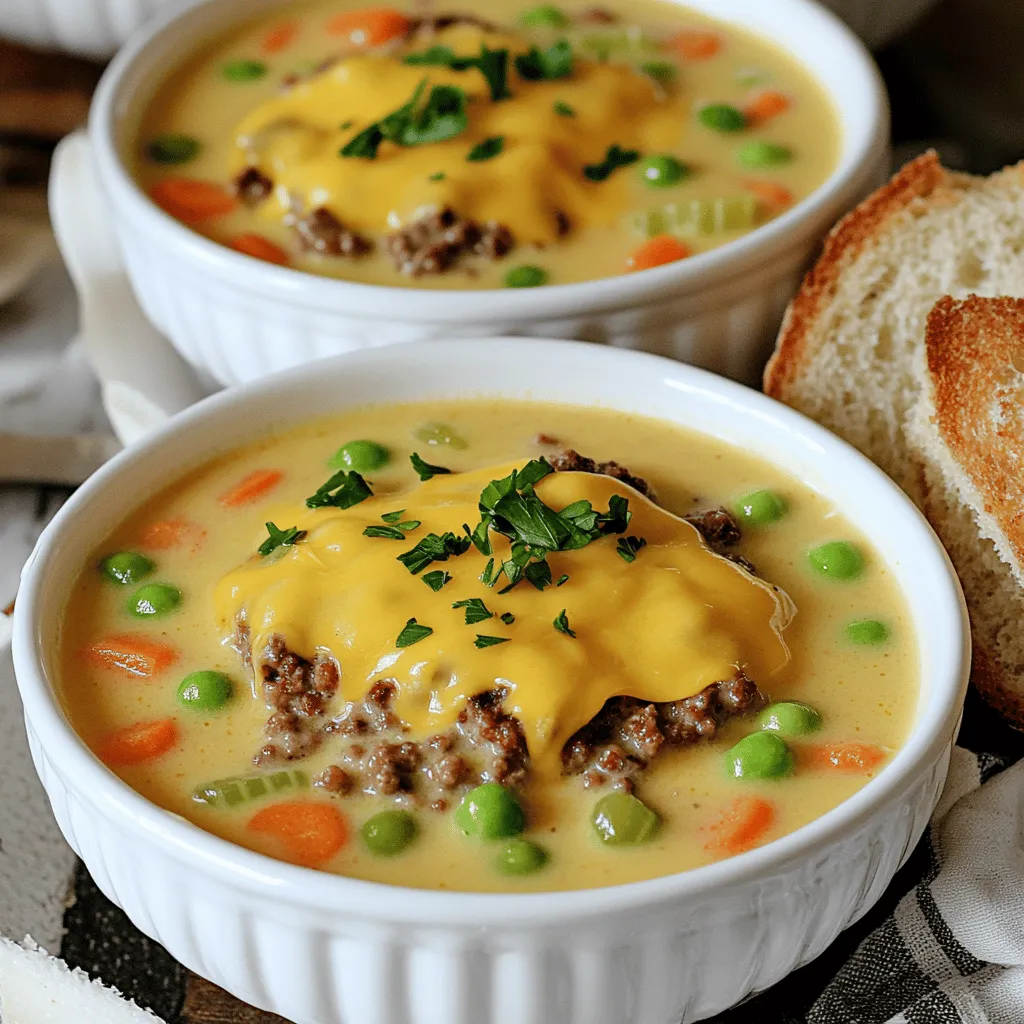A creamy cheeseburger soup needs fresh ingredients for the best flavor. You start with <strong>ground beef</strong>. This adds heartiness and richness to your soup. I prefer using 1 lb of ground beef.” /></p>
</p>
<h2>What are some easy tips for making a delicious cheeseburger soup?</h2>
</p>
<p>To make a great cheeseburger soup, you need solid tips. First, start with good ground beef. Use beef that has a little fat for flavor. It keeps the soup rich and tasty.</p>
</p>
<p>Next, think about the veggies. Onions, carrots, and celery add depth. Sauté them well. This step brings out their natural flavors. It makes your soup more savory.</p>
</p>
<p>To thicken cheeseburger soup, use a few simple methods. You can mash some potatoes in the mix. This adds creaminess without extra calories. Another way is to stir in cornstarch mixed with water. This gives the soup a nice body.</p>
</p>
<p>Balancing flavors is key. You want a mix of salty, sweet, and savory. A splash of Worcestershire sauce adds umami. Smoked paprika brings a hint of warmth. Adjust salt and pepper to suit your taste.</p>
</p>
<p>If you want to make it a bit more fun, top your soup with shredded cheese and crispy bacon. These toppings boost flavor and texture. They also make your soup look great.</p>
</p>
<p>For more details, check out the Full Recipe.</p>
</p>
<h2>What are popular toppings for cheeseburger soup?</h2>
</p>
<p>Cheeseburger soup is not just tasty; it’s fun to dress up! First, let’s talk about the best toppings for cheeseburger soup. You can’t go wrong with shredded cheese. Cheddar melts well and brings a creamy taste. Adding crispy bacon bits gives a nice crunch. Fresh chopped onions add a bite.</p>
</p>
<h3>What garnishes add visual appeal and flavor to the dish?</h3>
</p>
<p>Garnishing your soup can make it look great. A sprinkle of fresh parsley adds a pop of green. You can also use pickles. Chopped olives or jalapeños can spice things up. Each topping adds its own color and taste.</p>
</p>
<h3>How can toppings transform the experience of eating cheeseburger soup?</h3>
</p>
<p>Toppings can change how your soup feels. They can add crunch or creaminess. A bit of hot sauce can kick up the heat. Each bite becomes a mix of flavors and textures. You can make your bowl unique each time.</p>
</p>
<h3>What additional ingredients can be added to create a unique twist on the classic recipe?</h3>
</p>
<p>Want to switch things up? Try adding diced tomatoes for freshness. You can also include corn for a sweet crunch. If you like spicy, add diced green chilies. These extras keep your soup exciting. For the full recipe, check out the details on how to make this creamy cheeseburger soup.</p>
</p>
<p><img decoding=