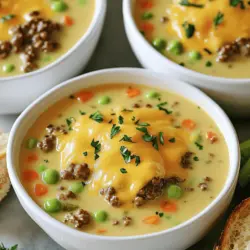 A creamy cheeseburger soup needs fresh ingredients for the best flavor. You start with ground beef. This adds heartiness and richness to your soup. I prefer using 1 lb of ground beef.