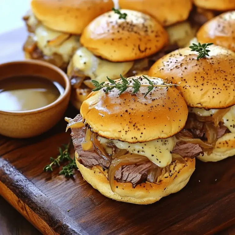 French Dip Sliders are mini versions of the classic French dip sandwich. They feature tender roast beef, melted cheese, and a rich beef broth for dipping. Each slider bursts with flavor and is perfect for parties or game day.