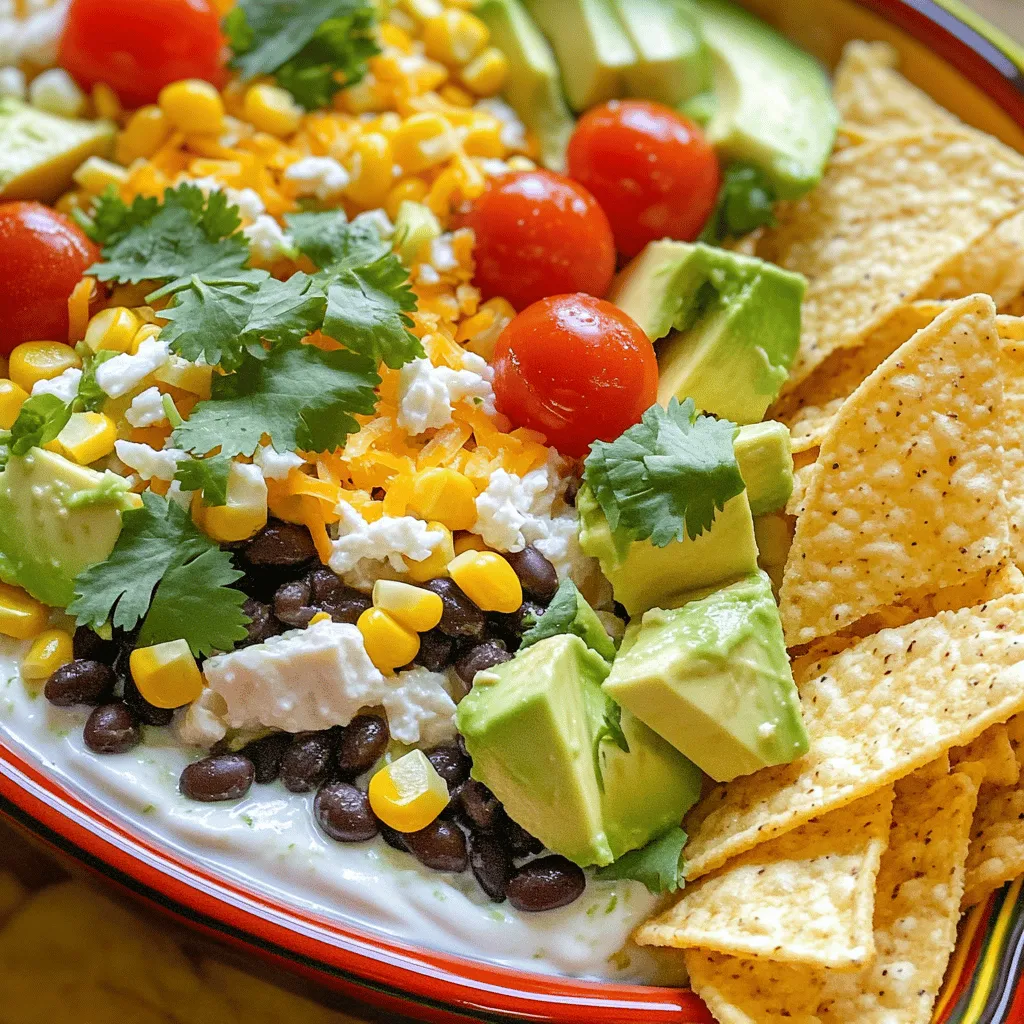 The Southwest Cobb Salad Dip bursts with flavor. It uses classic southwestern ingredients for a fresh taste. Key ingredients include black beans, corn, avocado, cherry tomatoes, red onion, chicken, cheddar cheese, and feta cheese. Each adds its unique touch to this creamy dip.