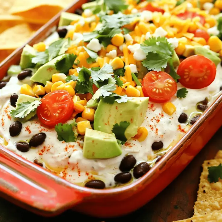 The Southwest Cobb Salad Dip bursts with flavor. It uses classic southwestern ingredients for a fresh taste. Key ingredients include black beans, corn, avocado, cherry tomatoes, red onion, chicken, cheddar cheese, and feta cheese. Each adds its unique touch to this creamy dip.