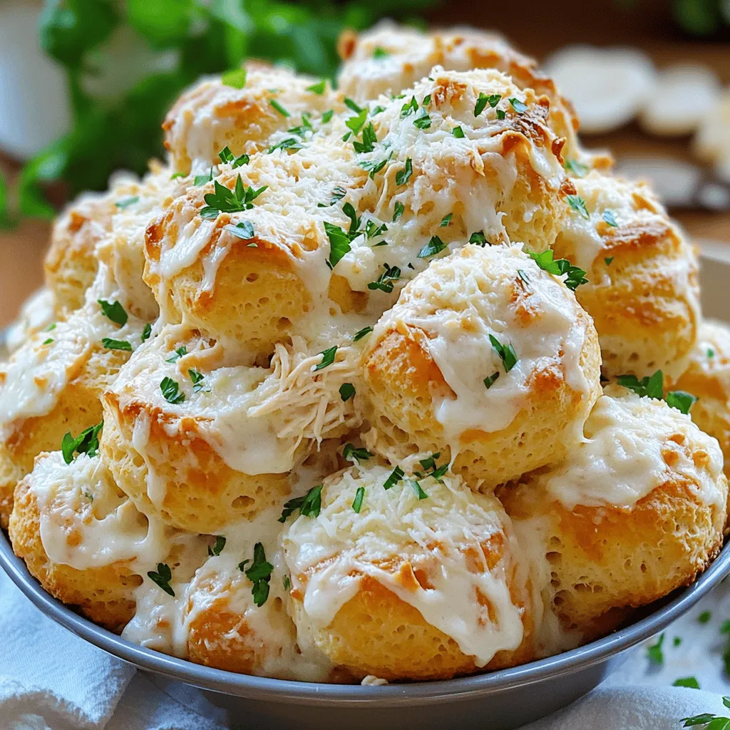 To make Chicken Alfredo Monkey Bread, you need a few key ingredients. First, you will use cooked chicken. I prefer shredded chicken for easier mixing. You need about 2 cups.