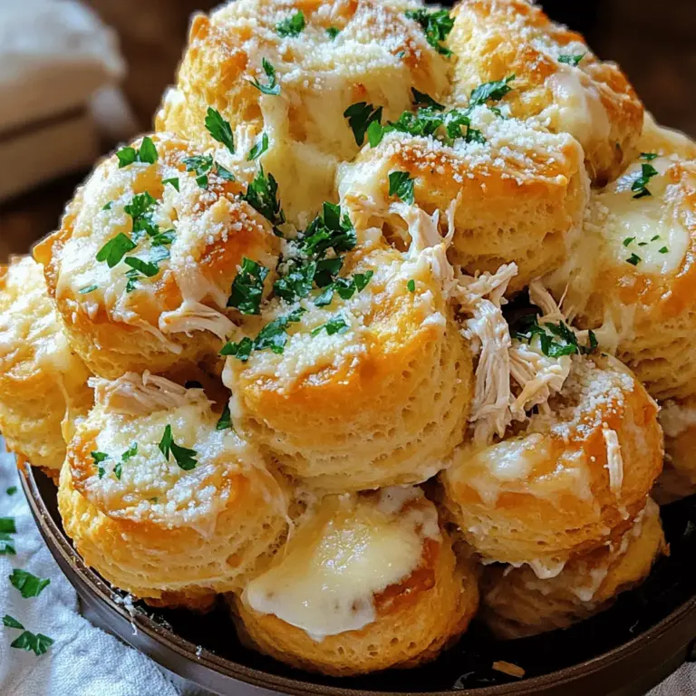 To make Chicken Alfredo Monkey Bread, you need a few key ingredients. First, you will use cooked chicken. I prefer shredded chicken for easier mixing. You need about 2 cups.