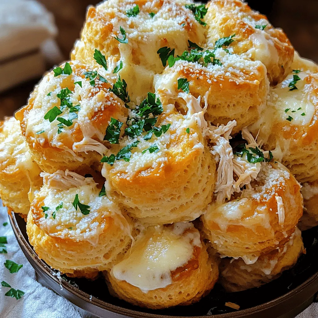 To make Chicken Alfredo Monkey Bread, you need a few key ingredients. First, you will use cooked chicken. I prefer shredded chicken for easier mixing. You need about 2 cups.