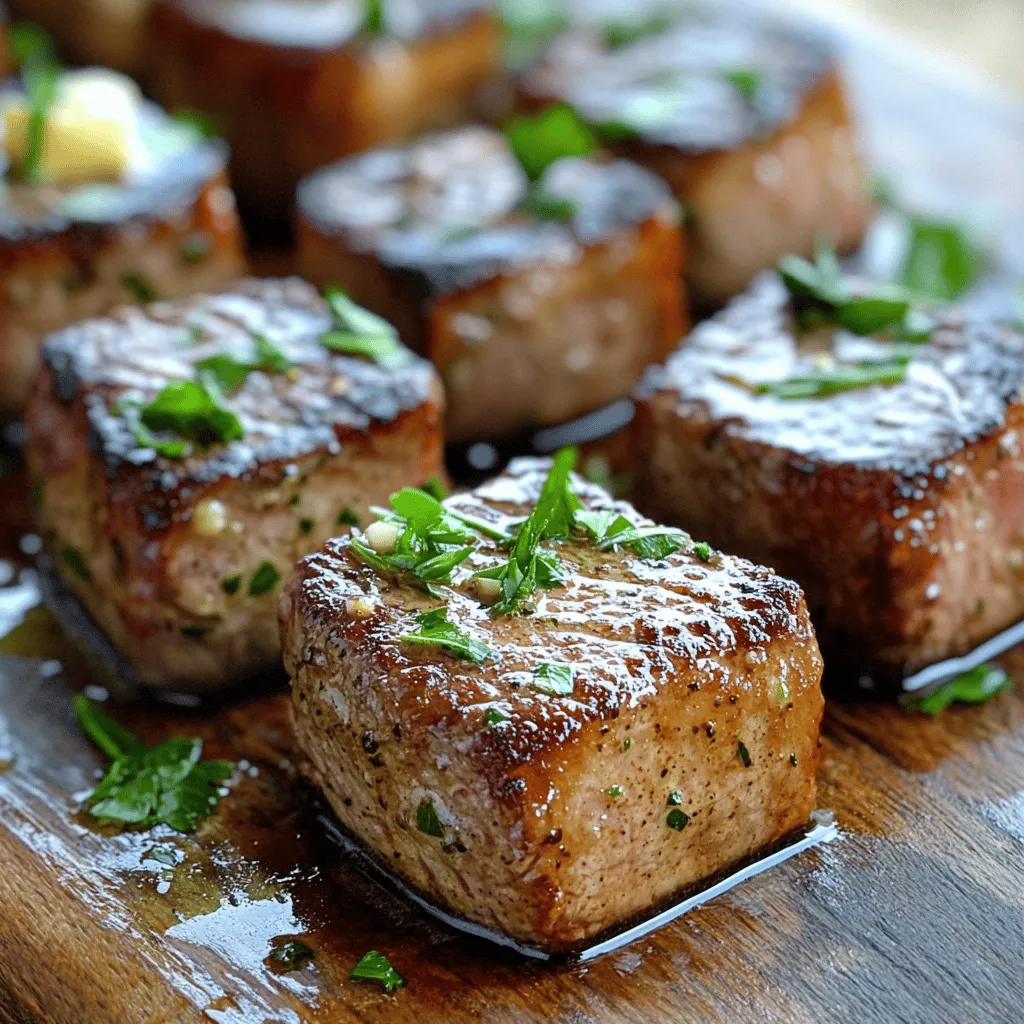 To make garlic butter steak bites, you need simple ingredients. Start with 1 pound of sirloin steak. Cut it into 1-inch cubes for even cooking. You also need 4 tablespoons of unsalted butter. This will give your dish a rich taste. Four cloves of minced garlic add a punch of flavor. Fresh herbs like rosemary and thyme bring more depth. Don't forget salt and black pepper to taste. For a pop of color, use fresh parsley as a garnish.