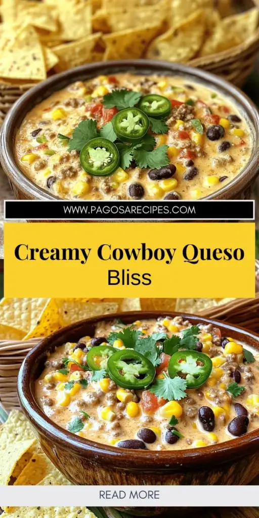 Elevate your snack game with this delicious Cowboy Queso recipe! Creamy and full of flavor, this dip combines rich cheeses, vibrant veggies, and customizable ingredients that are perfect for any gathering. Ideal for game day or cozy nights in, I will guide you through creating the best Cowboy Queso from scratch. Click through to explore the full recipe and impress your friends and family with this savory delight!