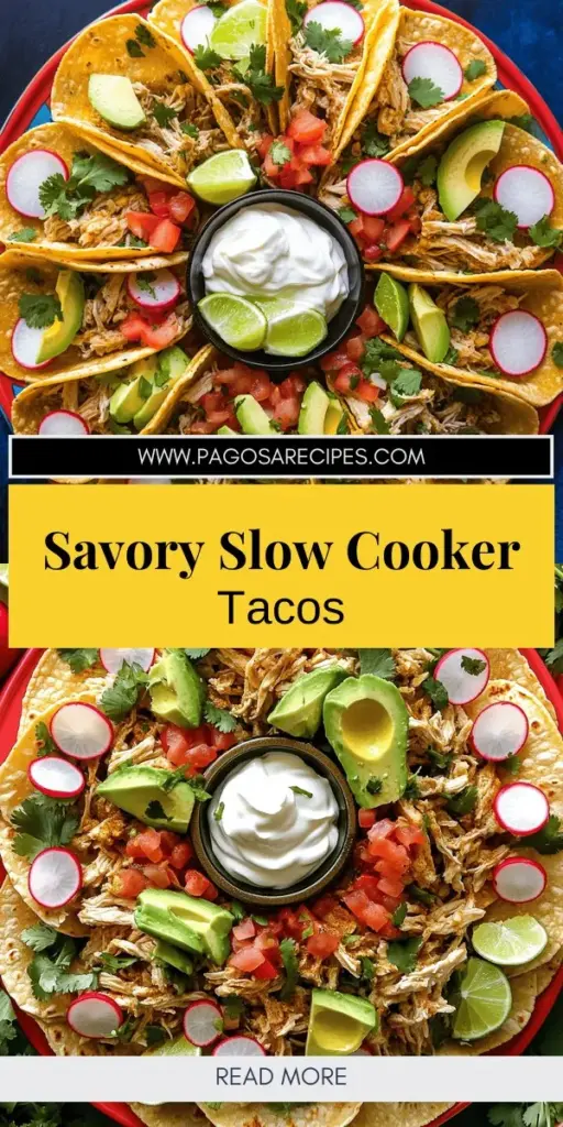 Get ready to delight your family with these Savory Slow Cooker Chicken Tacos! This easy recipe features juicy chicken, fresh ingredients, and bold flavors—all in minimal prep time. Customize to your heart's content with toppings like avocado, cilantro, and lime. Perfect for busy weeknights, this meal is a crowd-pleaser everyone will love. Click through to discover the full recipe and elevate your taco night!