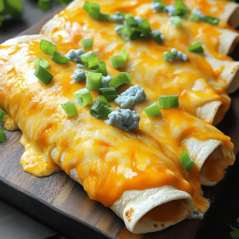 To make buffalo chicken enchiladas, you start with a few simple steps. First, gather your ingredients. You need cooked shredded chicken, buffalo sauce, cream cheese, cheddar cheese, ranch dressing, and flour tortillas. You can add blue cheese crumbles for extra flavor.