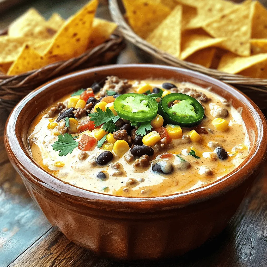 To make the best cowboy queso, you need rich and bold ingredients. Start with ground beef. It adds a hearty base. I love using a good blend of cheeses. You can’t go wrong with sharp cheddar and cream cheese. These cheeses melt well and give a creamy texture.