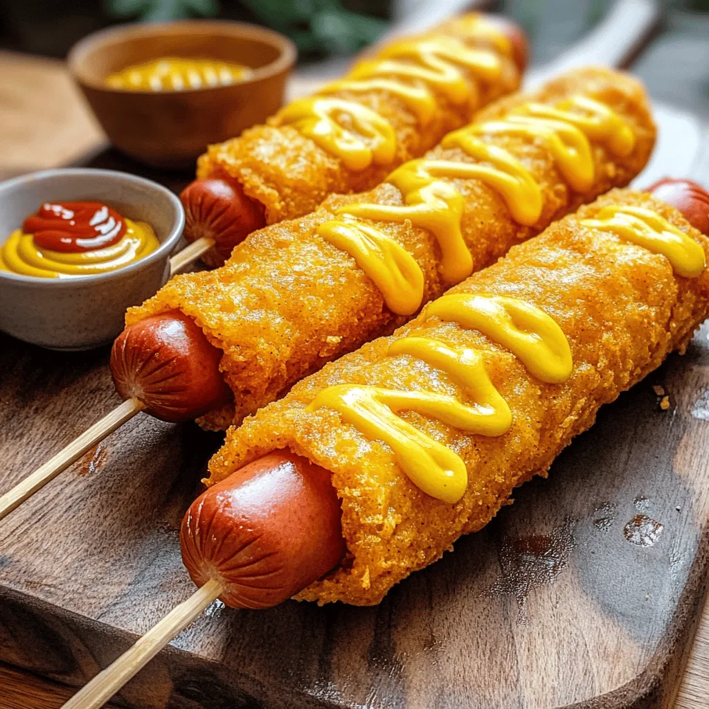 Deep-Dish Delight Corn Dogs are a delightful spin on the beloved classic fair food that brings joy to both young and old. Imagine biting into a golden, crispy batter that encases a juicy hot dog, with the added indulgence of melted cheddar cheese oozing out. This mouthwatering combination not only satisfies cravings but also serves as a fun and interactive dish for gatherings and celebrations. Whether you’re planning a backyard barbecue, a birthday party, or simply looking for a comforting snack, this recipe is easy to follow and perfect for any occasion.