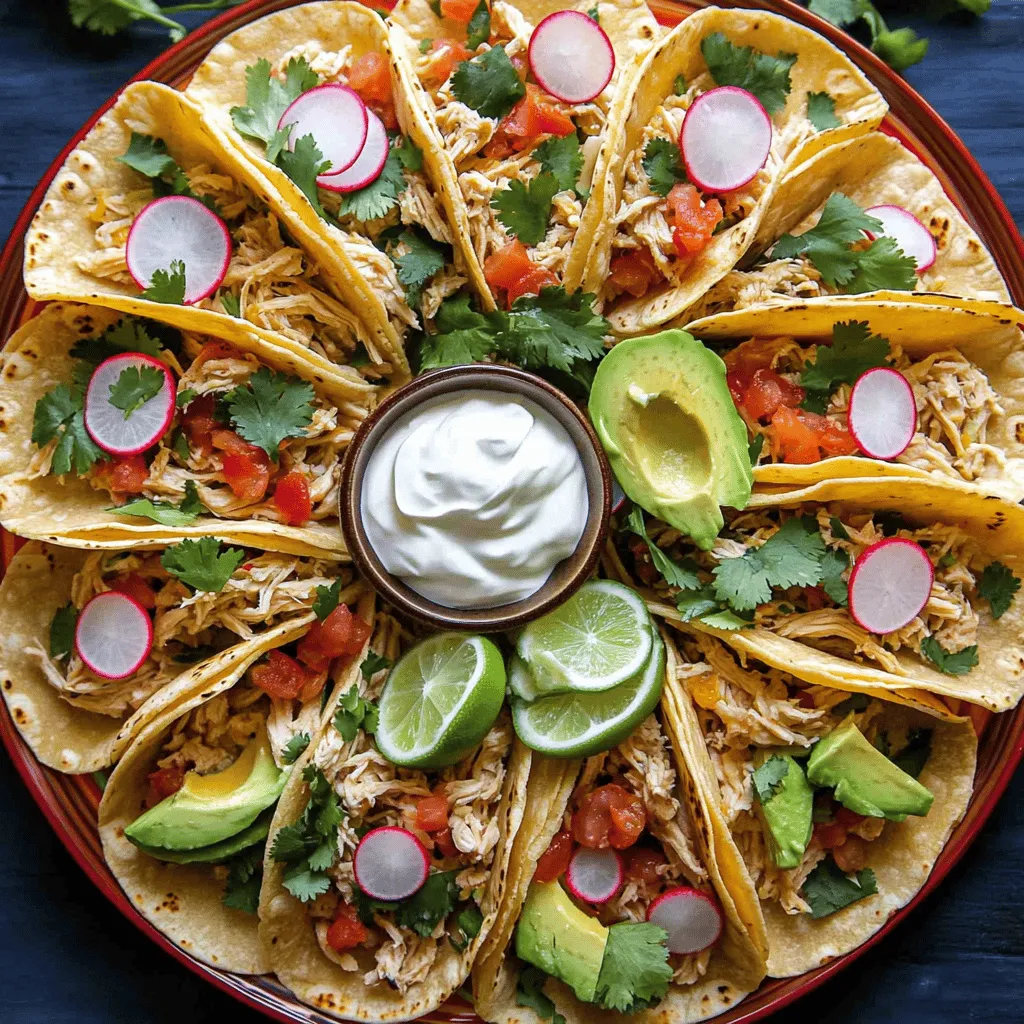 To make slow cooker chicken tacos, you need simple, fresh chicken taco ingredients. The main item is <strong>2 lbs of boneless, skinless chicken thighs</strong>. These thighs stay juicy during cooking. Next, you need <strong>1 cup of chicken broth</strong> to add moisture.” /></p>
</p>
<h2>What Are Some Delicious Variations for Chicken Tacos?</h2>
</p>
<p>You can make chicken tacos even more fun with some tasty twists. Here are a few ideas to spice things up!</p>
</p>
<h3>What are some spicy chicken taco options for those who love heat?</h3>
</p>
<p>For a kick, try adding sliced jalapeños. You can mix in some hot sauce too. Another great option is to use spicy salsa. This will give your tacos a fiery taste. If you want more flavor, try chipotle peppers in adobo sauce. They add heat and a smoky flavor!</p>
</p>
<h3>How can I create a gluten-free chicken taco recipe?</h3>
</p>
<p>To make gluten-free chicken tacos, use corn tortillas instead of flour. Corn tortillas are soft and perfect for holding all your fillings. Check labels on salsa and seasonings to ensure they are gluten-free. You can also add fresh veggies like bell peppers and onions for crunch.</p>
</p>
<h3>What are some family-friendly taco night ideas that appeal to everyone?</h3>
</p>
<p>Make taco night fun by setting up a taco bar. Let everyone build their own tacos! Offer various toppings like cheese, lettuce, and guacamole. You can use different proteins too, like beans or fish. This way, everyone can mix and match to make their perfect taco.</p>
</p>
<p>Enjoy these variations with the full recipe for slow cooker chicken tacos, and make every taco night special!</p>
</p>
<h2>What Are the Best Toppings for Chicken Tacos?</h2>
</p>
<p>When it comes to chicken tacos, toppings make all the difference. You want to add flavor and crunch. Here are some ideas for the best toppings for chicken tacos.</p>
</p>
<h3>What are the most popular toppings to enhance basic chicken tacos?</h3>
<p>Some popular toppings include fresh cilantro, diced onions, and lime wedges. These add bright flavors. You can also use sliced jalapeños for some heat. Shredded cheese, like cheddar or queso fresco, brings creaminess. Don’t forget salsa for that extra kick.</p>
</p>
<h3>How can I incorporate healthy toppings for a nutritious meal?</h3>
<p>For a healthier twist, add avocado slices and radishes. They add creaminess and crunch. You can also use shredded lettuce for freshness. Greek yogurt is a great swap for sour cream. It packs protein and flavor without extra fat.</p>
</p>
<h3>What are some creative topping ideas for special occasions?</h3>
<p>If you want to impress your guests, try mango salsa or pineapple pico de gallo. These sweet toppings balance the savory chicken. Roasted corn and black bean salad can add color and texture. You can even serve with pickled onions for a tangy bite.</p>
</p>
<p>With these topping ideas, your chicken tacos will shine. Remember to mix and match for fun flavors! Check out the Full Recipe for more details.</p>
</p>
<p><img decoding=