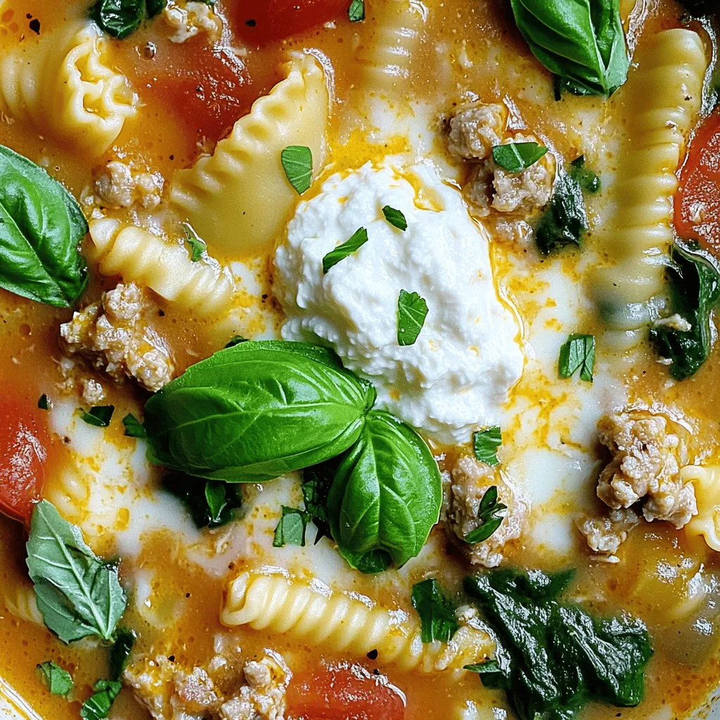 To make a great chicken lasagna soup, you need key ingredients. Start with ground chicken, which gives the soup its protein. Use olive oil, onion, and garlic for flavor. Diced tomatoes add depth, while chicken broth forms the soup base. Crushed lasagna noodles bring the feel of classic lasagna. Italian seasoning lends the dish authentic taste. Finally, fresh spinach, ricotta, mozzarella, and Parmesan cheese add creaminess and richness.