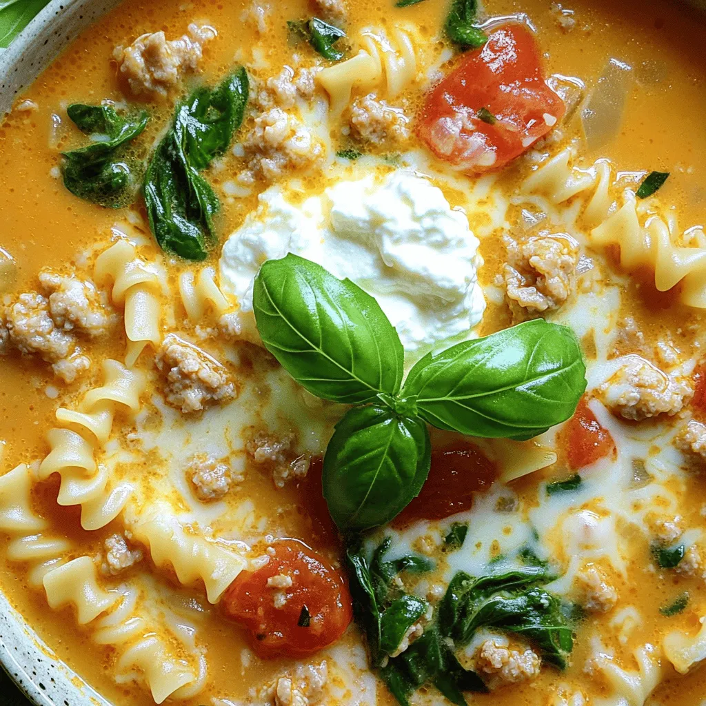 To make a great chicken lasagna soup, you need key ingredients. Start with ground chicken, which gives the soup its protein. Use olive oil, onion, and garlic for flavor. Diced tomatoes add depth, while chicken broth forms the soup base. Crushed lasagna noodles bring the feel of classic lasagna. Italian seasoning lends the dish authentic taste. Finally, fresh spinach, ricotta, mozzarella, and Parmesan cheese add creaminess and richness.