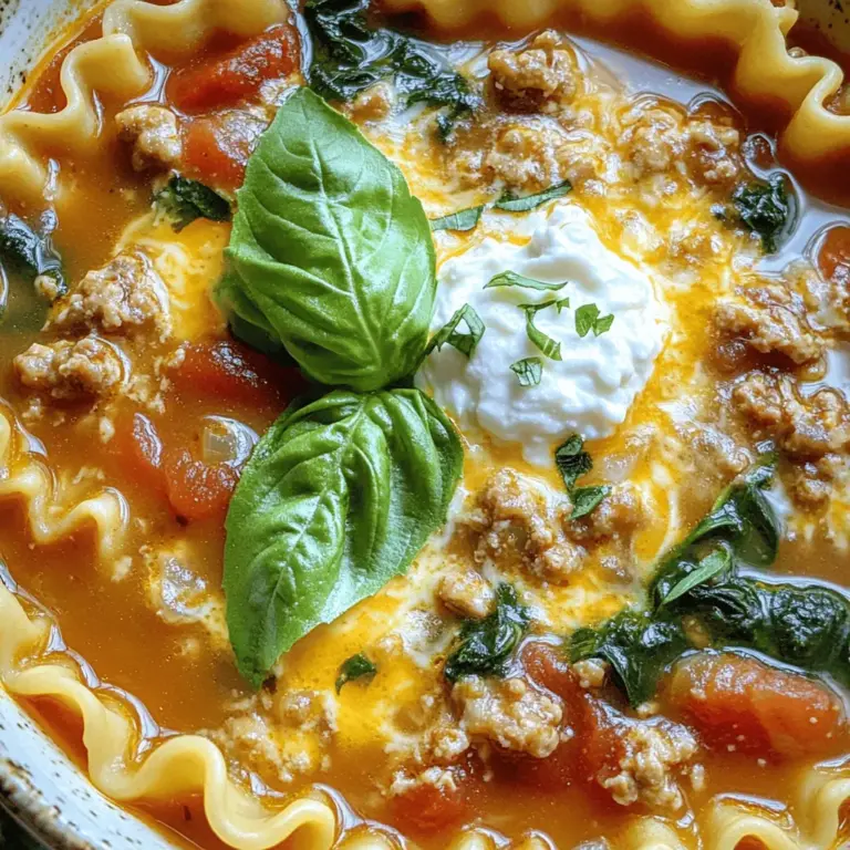 To make a great chicken lasagna soup, you need key ingredients. Start with ground chicken, which gives the soup its protein. Use olive oil, onion, and garlic for flavor. Diced tomatoes add depth, while chicken broth forms the soup base. Crushed lasagna noodles bring the feel of classic lasagna. Italian seasoning lends the dish authentic taste. Finally, fresh spinach, ricotta, mozzarella, and Parmesan cheese add creaminess and richness.