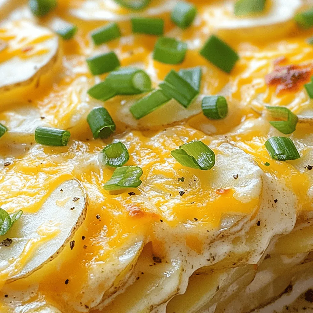 To make creamy scalloped potatoes, you need specific ingredients. Start with <strong>russet potatoes</strong>. They are starchy and give the best texture. Thinly slice about four large russets for even cooking.” /></p>
</p>
<h2>What Variations Can You Try with Scalloped Potatoes?</h2>
</p>
<p>Scalloped potatoes shine with their creamy texture and rich flavor. You can easily make them your own. One popular choice is to add bacon. Just cook the bacon first, chop it, and layer it in between the potatoes. The smoky taste complements the creamy sauce well.</p>
</p>
<p>If you’re looking for a healthier option, try vegan scalloped potatoes. Use almond milk or coconut cream instead of dairy. Nutritional yeast can add a cheesy flavor. You can also use plant-based butter for richness. These swaps make the dish lighter but still tasty.</p>
</p>
<p>For cheese lovers, scalloped potatoes with cheese are a must. You can mix different cheeses for a unique flavor. Sharp cheddar adds a nice zest, while Gruyère brings a nutty taste. Try adding mozzarella for a gooey texture.</p>
</p>
<p>Don’t forget about creative add-ins! You can mix in sautéed onions, spinach, or mushrooms. These ingredients add color and depth to your dish. Just make sure to cook them a bit before adding them to the layers.</p>
</p>
<p>When making scalloped potatoes, feel free to adapt the recipe for dietary needs. If someone needs gluten-free, check that the cream and milk are safe. You can also use dairy-free cheese for those who are lactose intolerant.</p>
</p>
<p>These variations keep your scalloped potatoes fresh and exciting. Try different combinations to find your favorite. Each time, you create a new twist on a classic dish!</p>
</p>
<h2>What Are the Best Serving Suggestions for Scalloped Potatoes?</h2>
</p>
<p>Scalloped potatoes make a great side dish. They pair well with many main courses.</p>
</p>
<h3>What Main Dishes Pair Well with Scalloped Potatoes?</h3>
</p>
<p>You can serve scalloped potatoes with roast chicken. They also go well with baked ham. If you love beef, try them with a nice steak. For a lighter meal, they work great with grilled fish. The creamy texture balances rich meats. You can also serve them with a fresh salad for a full meal.</p>
</p>
<h3>How to Present Scalloped Potatoes for Special Occasions?</h3>
</p>
<p>For special occasions, presentation matters. Use a nice baking dish that looks great on the table. Add a sprinkle of fresh herbs on top. Green onions add color and a nice touch. You can also serve them in individual ramekins. This makes each serving feel special. Consider pairing them with a nice wine for a fancy touch.</p>
</p>
<h3>What Are Some Ideas for Leftover Scalloped Potatoes?</h3>
</p>
<p>Leftover scalloped potatoes can be a treat. You can reheat them in the oven. Add a bit more cheese on top for extra flavor. Another idea is to make a potato bake. Mix in some cooked vegetables or meat. You can even use them in a breakfast casserole. Just add eggs and bake until set. This way, you waste nothing and enjoy the leftovers!</p>
</p>
<p><img decoding=