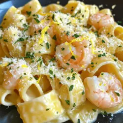 To make champagne shrimp pasta, you need a few key ingredients. First, you need 8 oz of fettuccine pasta. This pasta holds the sauce well and adds a nice texture. Next, 1 lb of large shrimp, peeled and deveined, brings a sweet flavor.