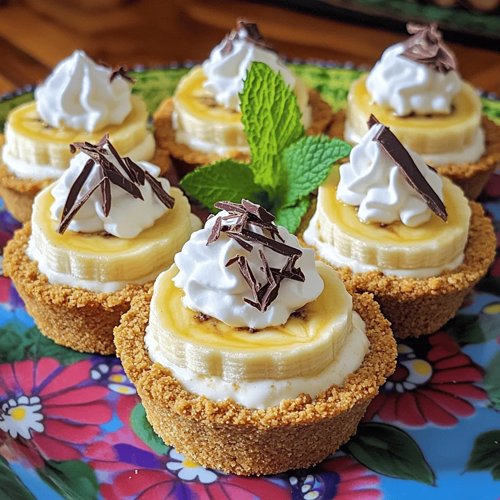 To create mini banana cream pies, you need a few key ingredients. First, grab a pre-made graham cracker pie crust. This crust gives a sweet and crunchy base. You will also need ripe bananas. Their natural sweetness shines through in every bite.