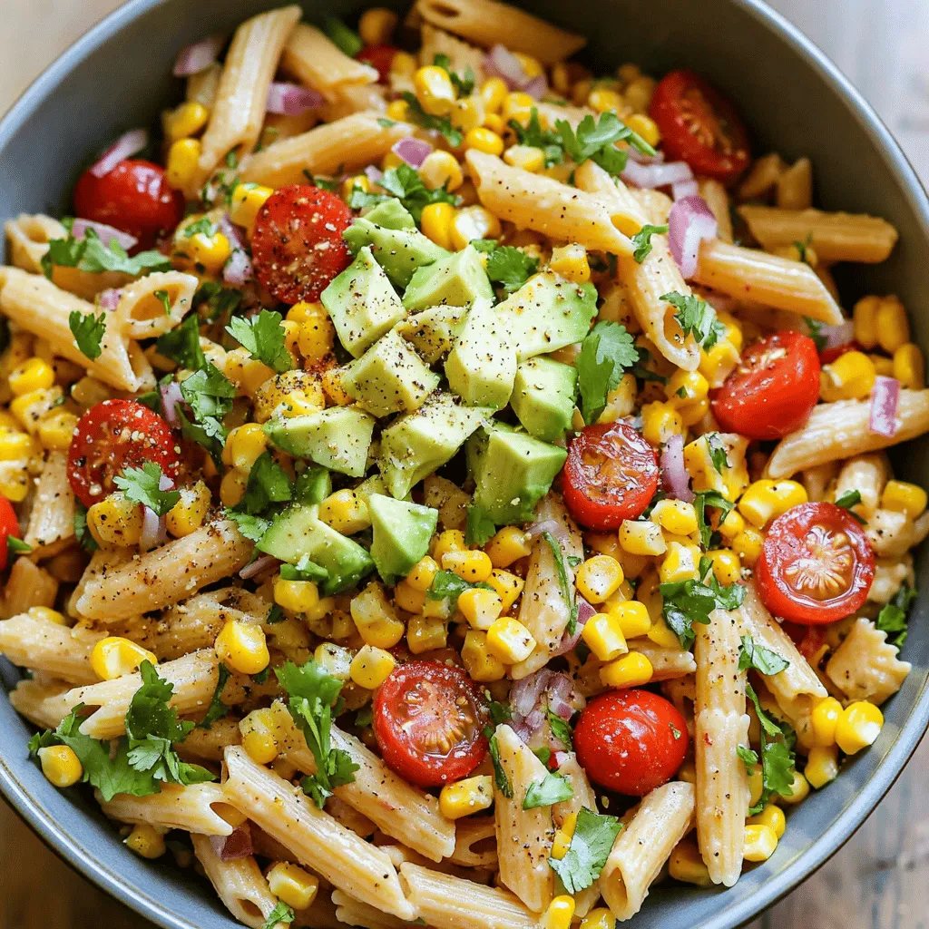 To make a corn pasta salad, you need simple, fresh ingredients. Start with <strong>whole wheat pasta</strong> as your base. I like using penne or fusilli. They hold the dressing well and add a nice bite.” /></p>
</p>
<h2>What are some variations of corn pasta salad that I can try?</h2>
</p>
<p>Corn pasta salad is fun to make. You can mix and match many ingredients. Here are some ideas to try.</p>
</p>
<h3>What additional ingredients can I include to customize my salad?</h3>
</p>
<p>You can add many things to your corn pasta salad. Try black beans for protein. They add a nice texture. You can also toss in diced cucumber for a crunchy bite. If you want some spice, add jalapeños or chili flakes. Cheese lovers can sprinkle feta or mozzarella for added creaminess. Each ingredient brings its own flavor, making the salad unique.</p>
</p>
<h3>How can I make a creamy dressing for a different flavor profile?</h3>
</p>
<p>A creamy dressing can change the taste of your salad. Start with plain Greek yogurt or sour cream as your base. Mix in some lime juice and a bit of honey for sweetness. Add garlic powder and cumin for a kick. Whisk until smooth. This dressing adds a rich texture and a tangy flavor, making every bite delightful.</p>
</p>
<h3>What are some vegetarian and healthy options for substitutions?</h3>
</p>
<p>You can easily make this salad vegetarian. Swap the pasta with a gluten-free option if needed. Instead of olive oil, try avocado oil for a different taste. For a protein boost, add chickpeas or lentils. Fresh herbs like basil or dill can brighten the flavor. These options keep your salad healthy and still tasty.</p>
</p>
<p>These ideas will help you create a corn pasta salad that suits your taste. Try the full recipe for more inspiration!</p>
</p>
<h2>How can I serve and store the corn pasta salad effectively?</h2>
</p>
<p>To serve corn pasta salad at gatherings, use a large bowl. This lets everyone scoop out portions easily. I like to garnish the top with extra cilantro and a sprinkle of black pepper. It makes the salad look fresh and inviting.</p>
</p>
<p>For picnics, pack the salad in a sealed container. Use ice packs to keep it cool. This way, it stays fresh until you are ready to eat. You can also serve it on a bed of lettuce for a nice touch.</p>
</p>
<p>Corn pasta salad lasts about three days in the fridge. Store it in an airtight container to keep out air and moisture. If you notice any signs of spoilage, it’s best to toss it.</p>
</p>
<p>To make the salad in advance, prepare the pasta and veggies earlier. Mix everything except the avocado and dressing. Then, add those just before serving. This keeps the avocado from browning and the pasta from getting soggy. Chilling the salad for at least 30 minutes allows flavors to blend well. Check the seasoning before serving, and adjust if needed.</p>
</p>
<p>This corn pasta salad is perfect for any gathering. You can find the full recipe in the earlier sections.</p>
</p>
<p><img decoding=