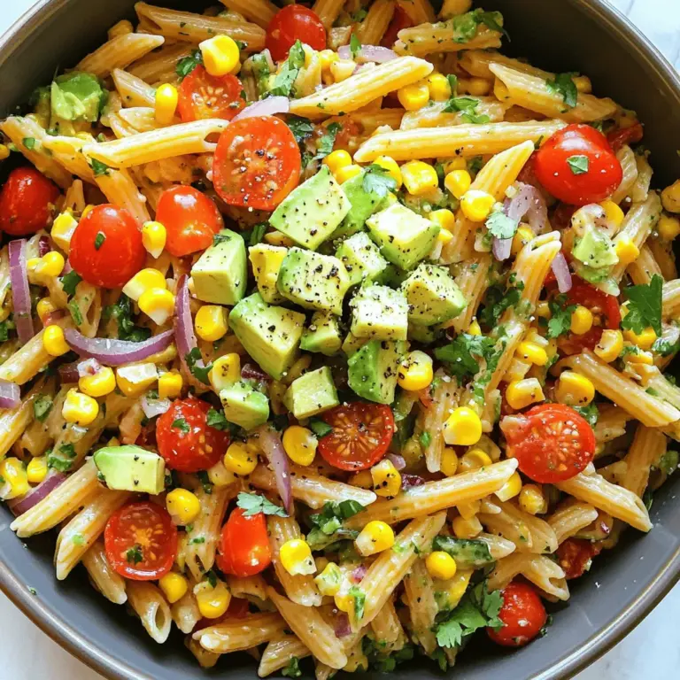 To make a corn pasta salad, you need simple, fresh ingredients. Start with whole wheat pasta as your base. I like using penne or fusilli. They hold the dressing well and add a nice bite.