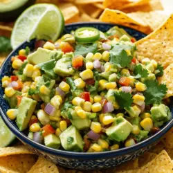 The avocado corn salsa recipe shines with fresh ingredients. You need ripe avocados, sweet corn, red bell pepper, and red onion. These ingredients create a vibrant mix. Each one adds its own special taste.