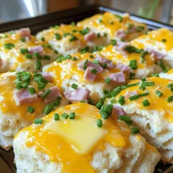 To make ham and cheese butter swim biscuits, you need a few key ingredients. Start with 2 cups of all-purpose flour. This gives the biscuits their structure. You also need 1 tablespoon of baking powder to help them rise. A teaspoon of salt adds flavor, while half a teaspoon of garlic powder gives a nice kick. For the tasty part, use ½ cup of shredded sharp cheddar cheese and ½ cup of diced cooked ham. Don’t forget 1 cup of milk and ½ cup of melted unsalted butter. These help keep the biscuits moist and rich.